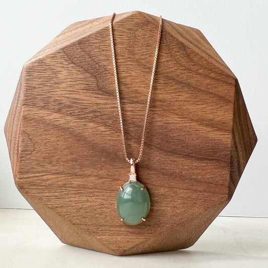 Green Jade Round Cabochon Pendant, Jadeite Jade, Rose Gold Sterling Silver Pendant Necklace, LM-0422-1668398354 - AriaDesignCollection