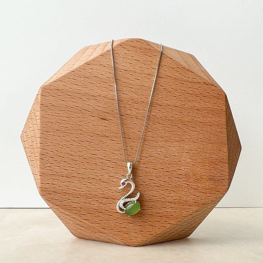 Green Nephrite Jade Swan Sterling Silver Necklace, HST-0722-1668705081 - AriaDesignCollection