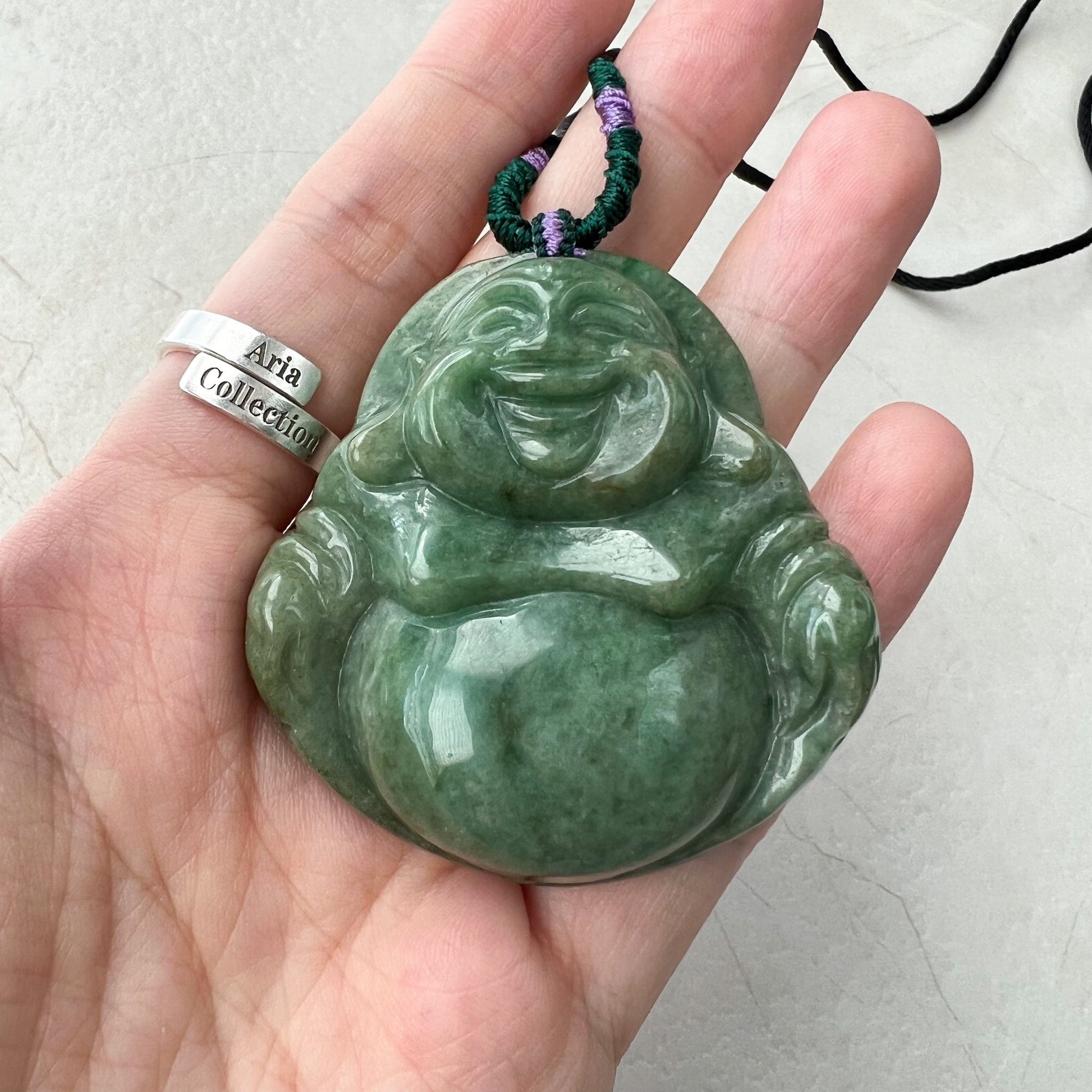 Very Large Green Jadeite Jade Happy Buddha Carved Jadeite Pendant, YJ-1221-0320673 - AriaDesignCollection