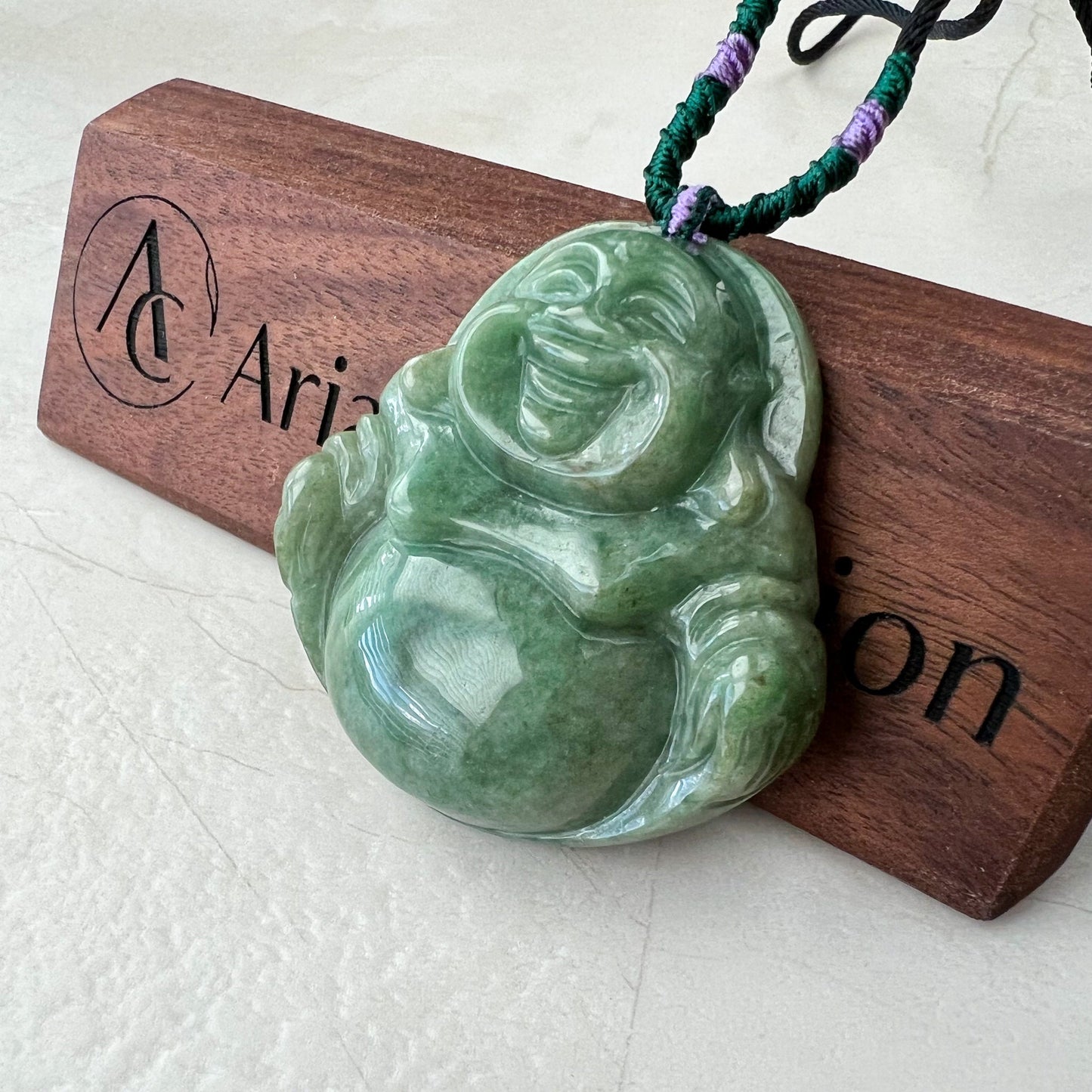 Very Large Green Jadeite Jade Happy Buddha Carved Jadeite Pendant, YJ-1221-0320673 - AriaDesignCollection