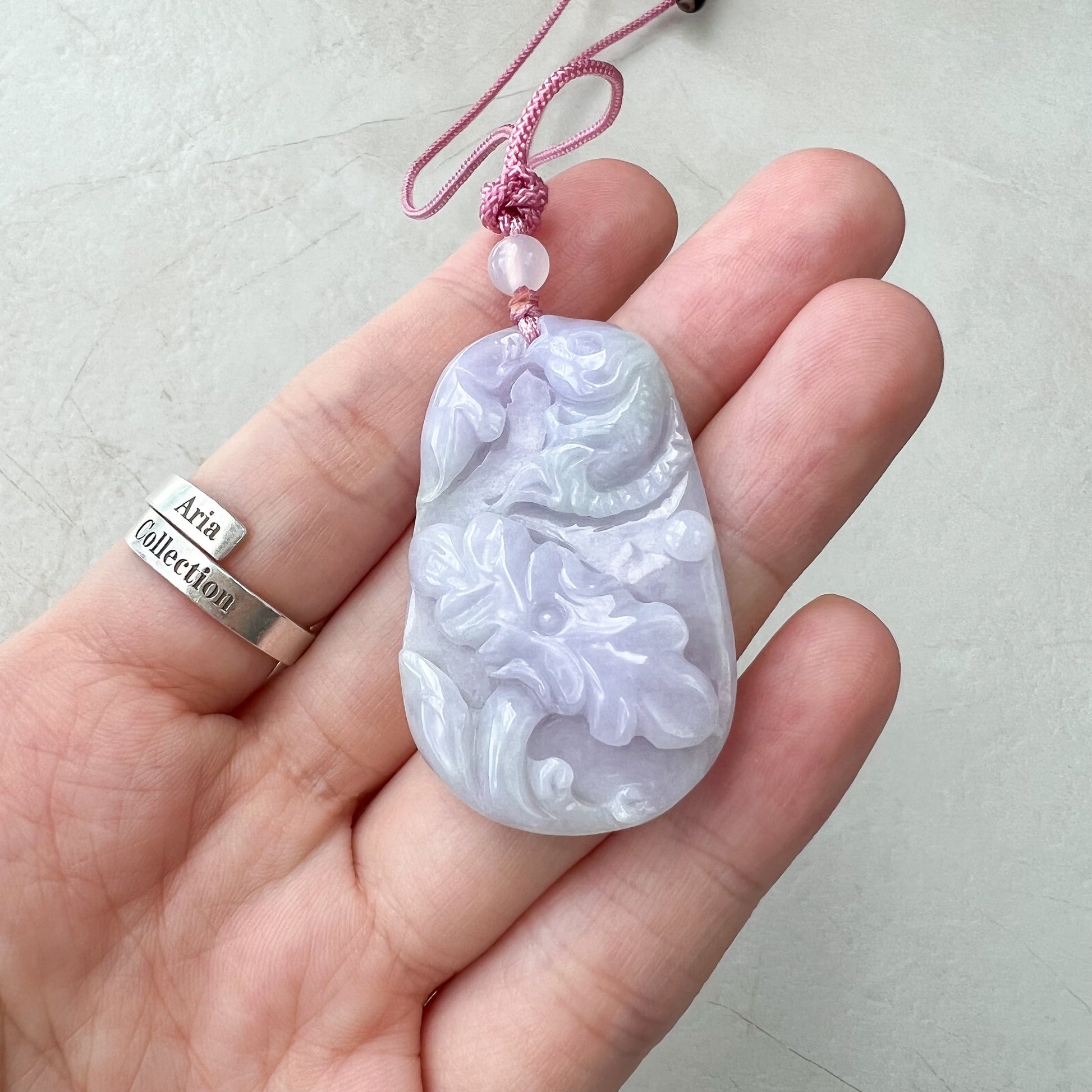 Purple Koi Fish and lotus flower Jade Pendant, Hand Carved Pendant Necklace, LSG-0222-1363275 - AriaDesignCollection