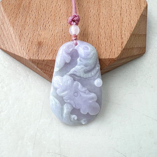 Purple Koi Fish and lotus flower Jade Pendant, Hand Carved Pendant Necklace, LSG-0222-1363275 - AriaDesignCollection