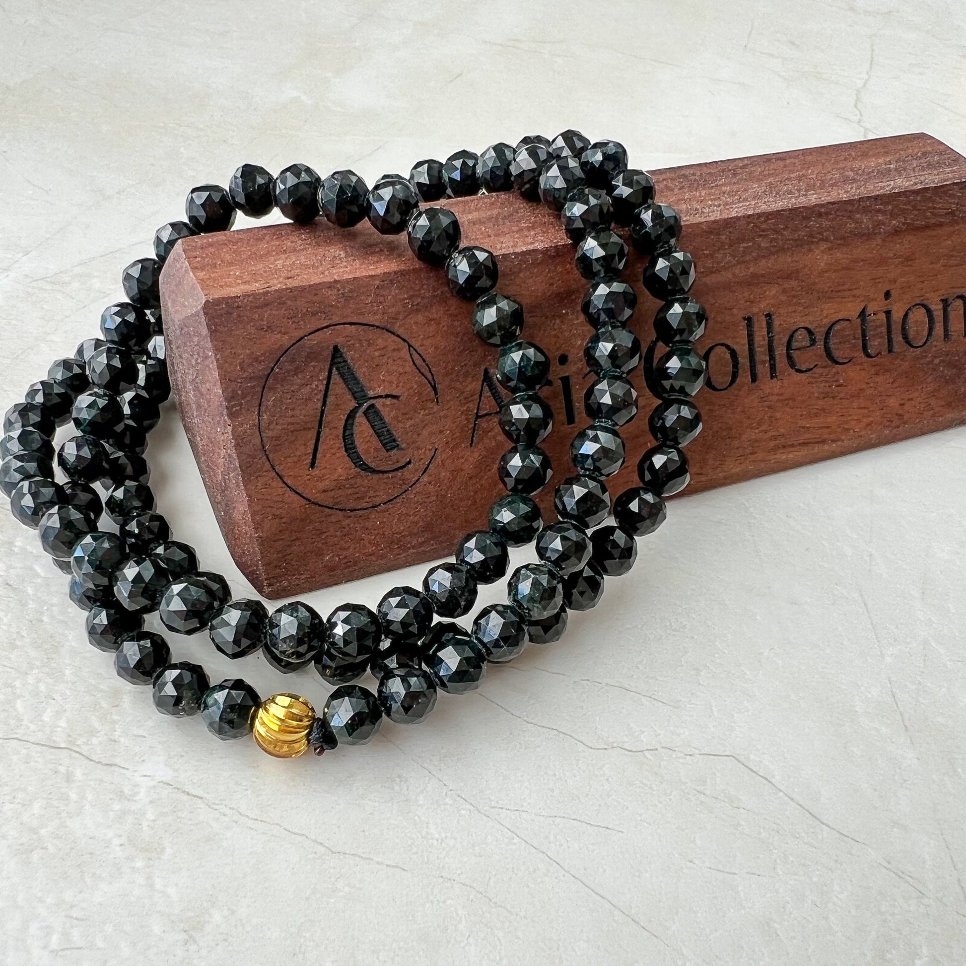 6.5 mm 108 Black Jadeite Jade Diamond Cut Mala Prayer Beads Necklace Bracelet, Omphacite Jade, FCSG-1221-1667769423 - AriaDesignCollection