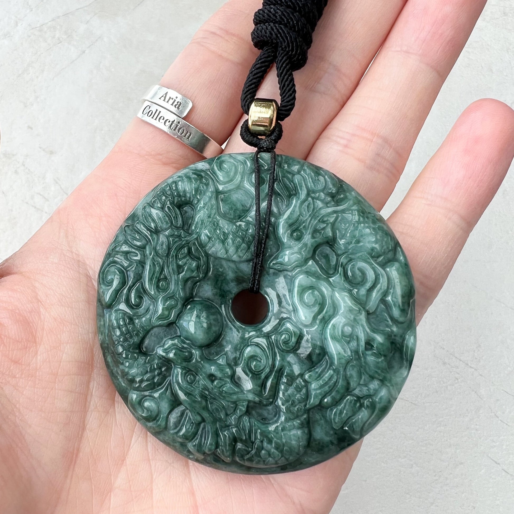 Large Green Jade 9 Dragon Jadeite Jade Chinese Zodiac Hand Carved Pendant Necklace, YJ-0922-0013042 - AriaDesignCollection