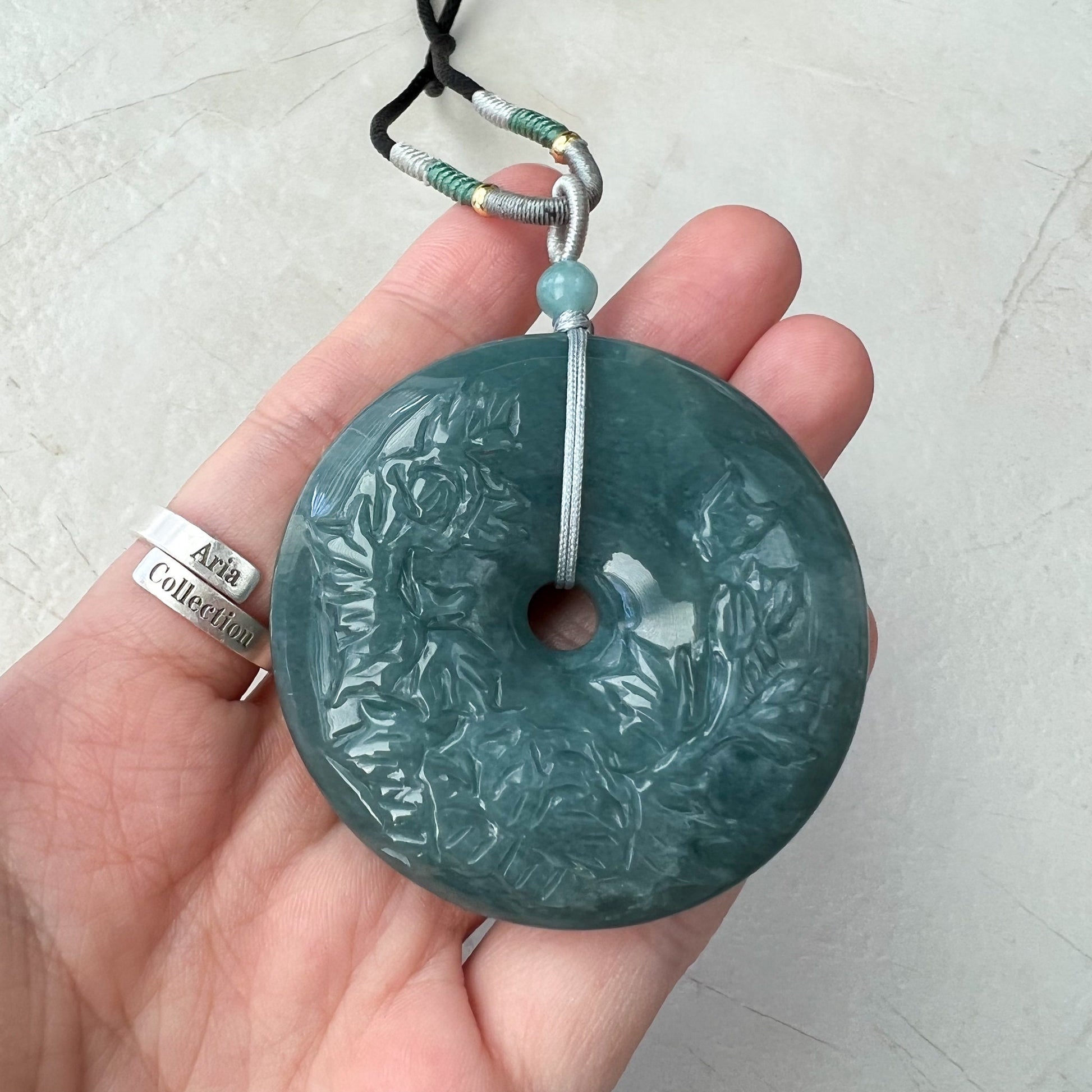 Blue Green Jadeite Jade Flower Large Circle Donut Carved Necklace, XZ-0822-0004764 - AriaDesignCollection