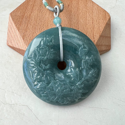 Blue Green Jadeite Jade Flower Large Circle Donut Carved Necklace, XZ-0822-0004764 - AriaDesignCollection