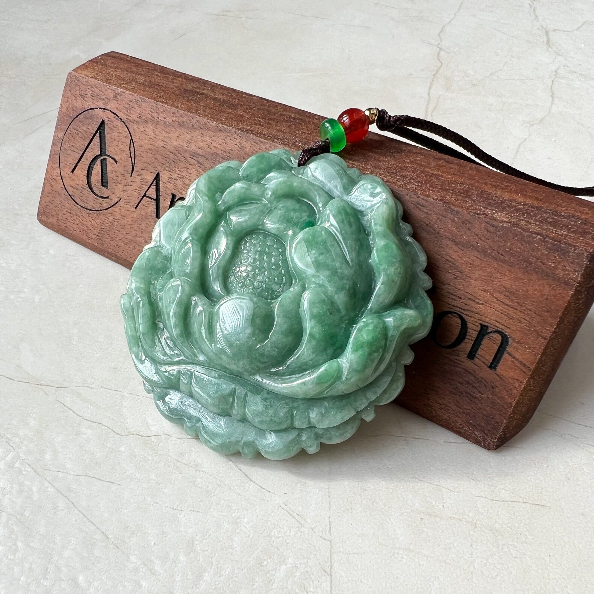 Very Large Green Jadeite Jade Flower Swirl Necklace, Dual Side Hand Carved Jade Necklace, SHWQ-1022-1669598414 - AriaDesignCollection