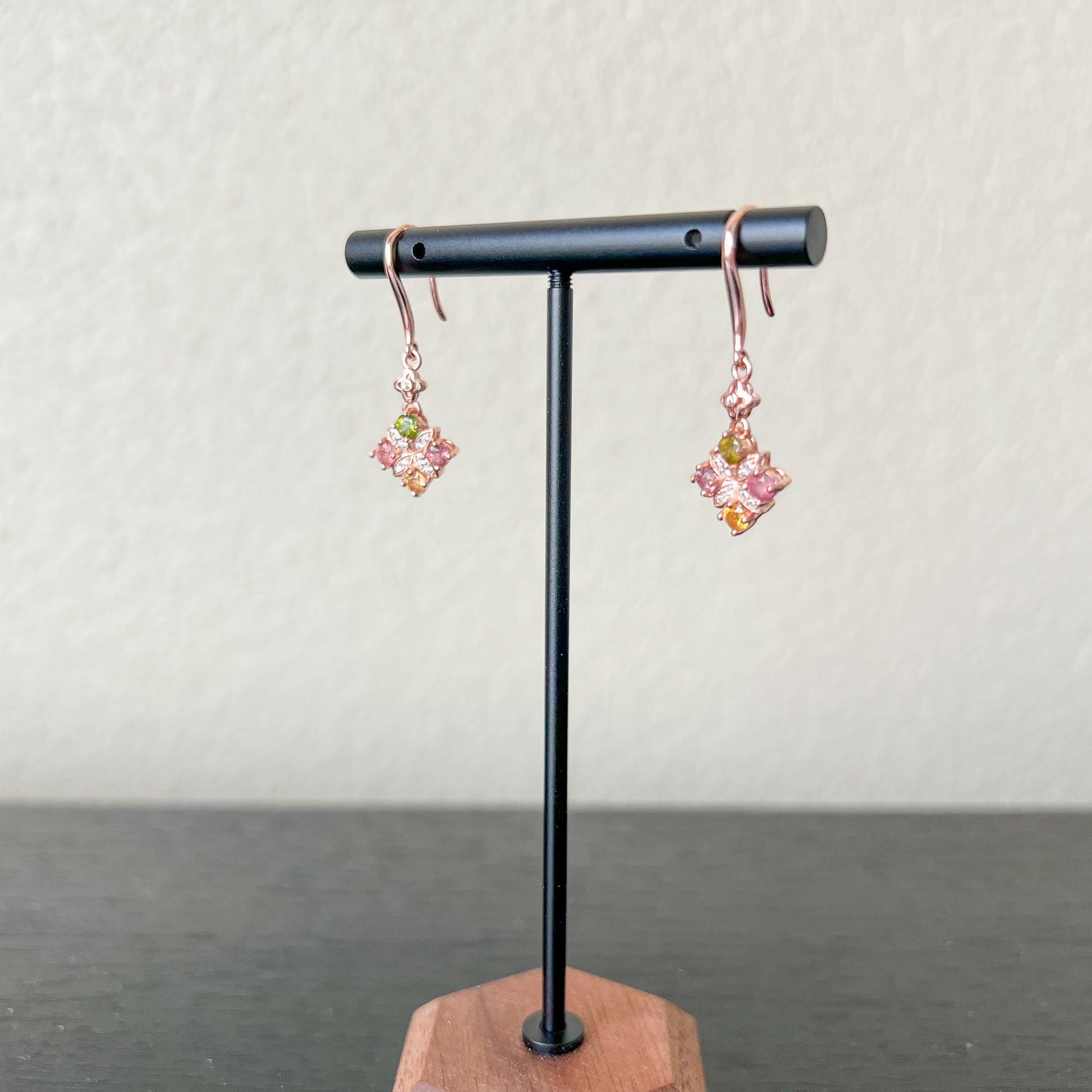 Multi Color Tourmaline Dangle Rose Gold Plated Sterling Silver Earrings, Pink Green Purple Yellow Tourmaline, YS-0722-1668394176 - AriaDesignCollection