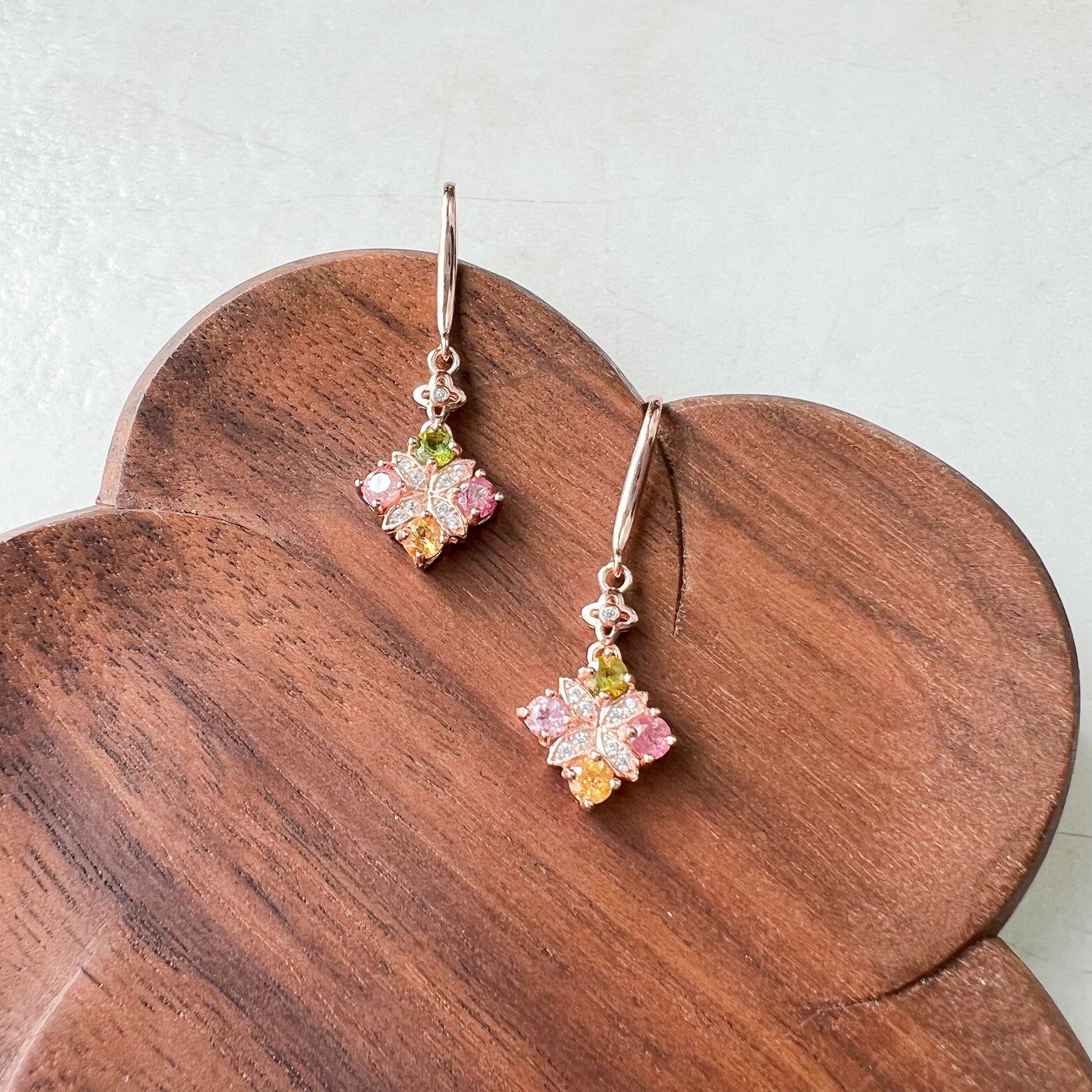 Multi Color Tourmaline Dangle Rose Gold Plated Sterling Silver Earrings, Pink Green Purple Yellow Tourmaline, YS-0722-1668394176 - AriaDesignCollection