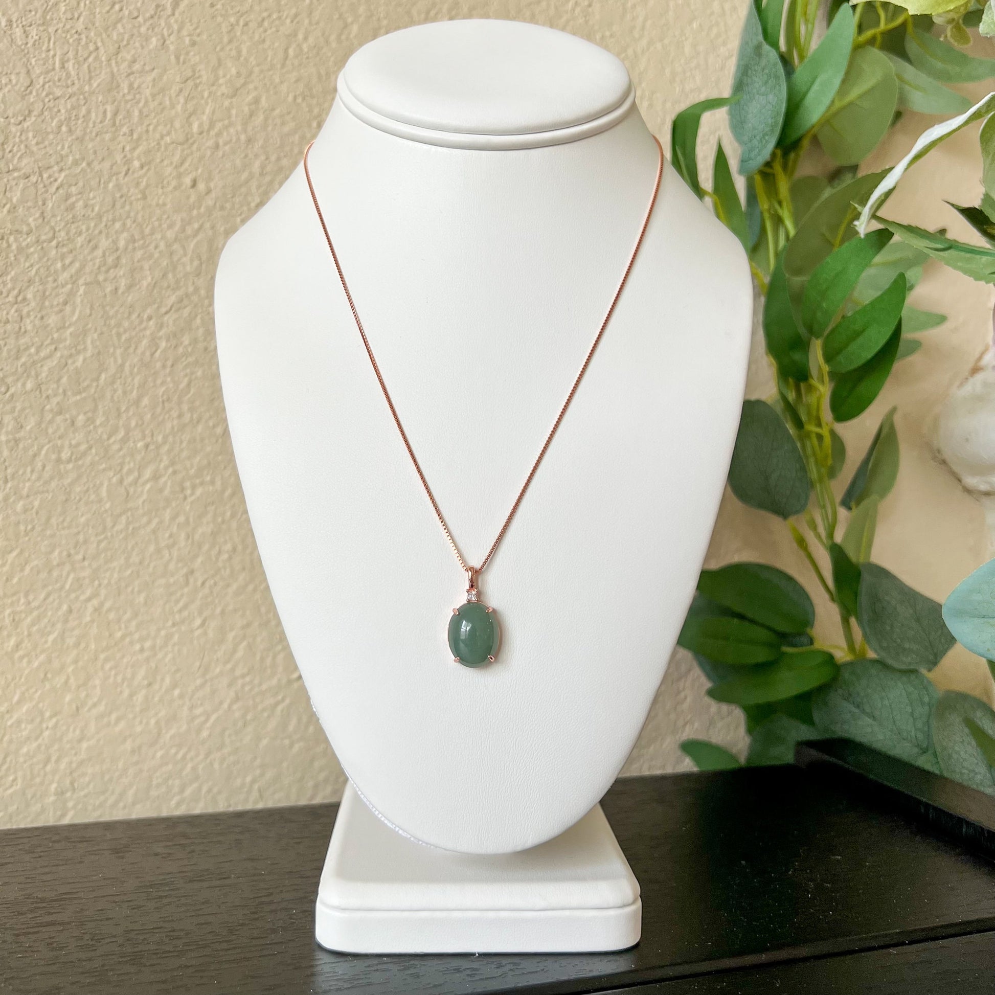 Green Jade Round Cabochon Pendant, Jadeite Jade, Rose Gold Sterling Silver Pendant Necklace, LM-0422-1668398354 - AriaDesignCollection