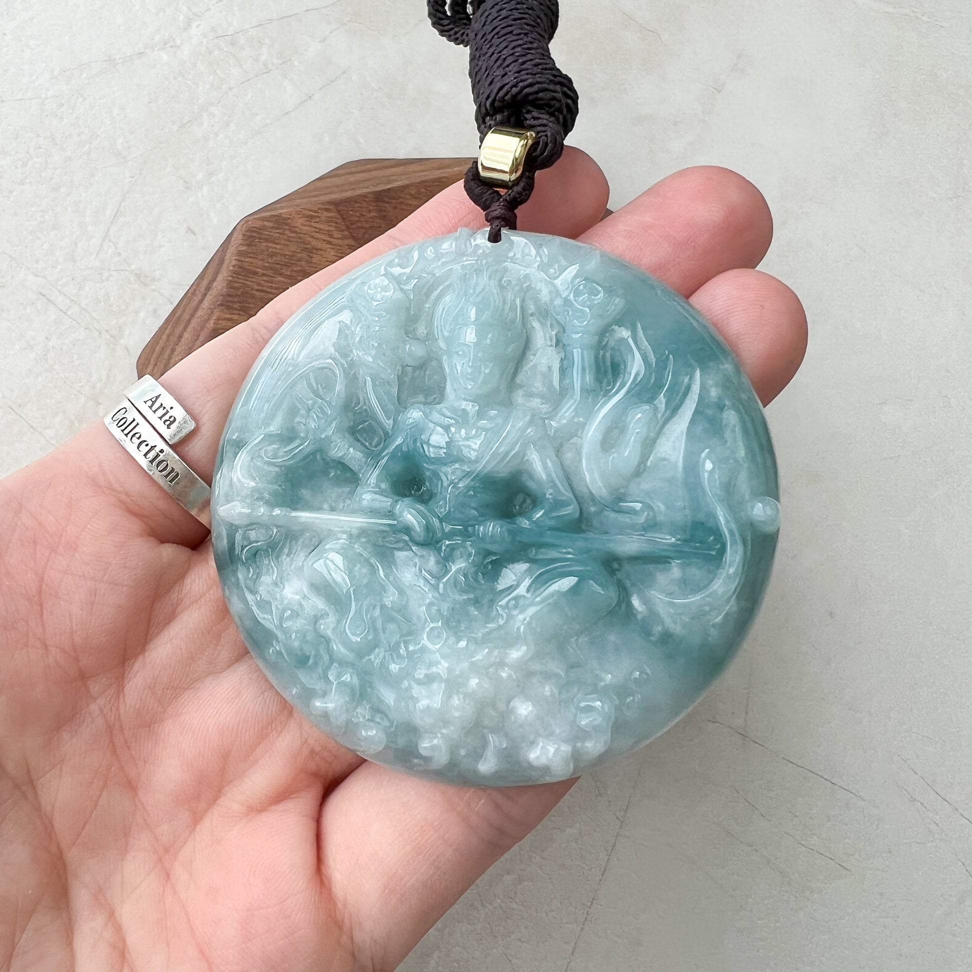 Large Jadeite Jade Nezha, 哪吒, Guardian Protector, Hand Carved Jade Pendant Necklace, YJ-0222-0226790 - AriaDesignCollection