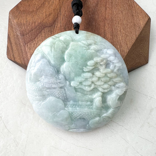 Jadeite Jade Landscape Mountain Forest River Scenery Hand Carved Pendant Necklace, Double Sided Carving, 山水, YJ-0422-0405146 - AriaDesignCollection