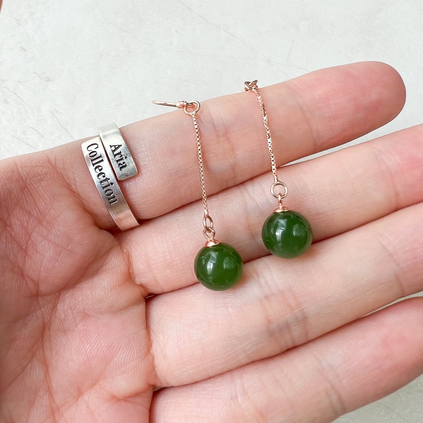 Green Nephrite Jade Rose Gold Dangle Earrings, HST-0622-1668655368 - AriaDesignCollection