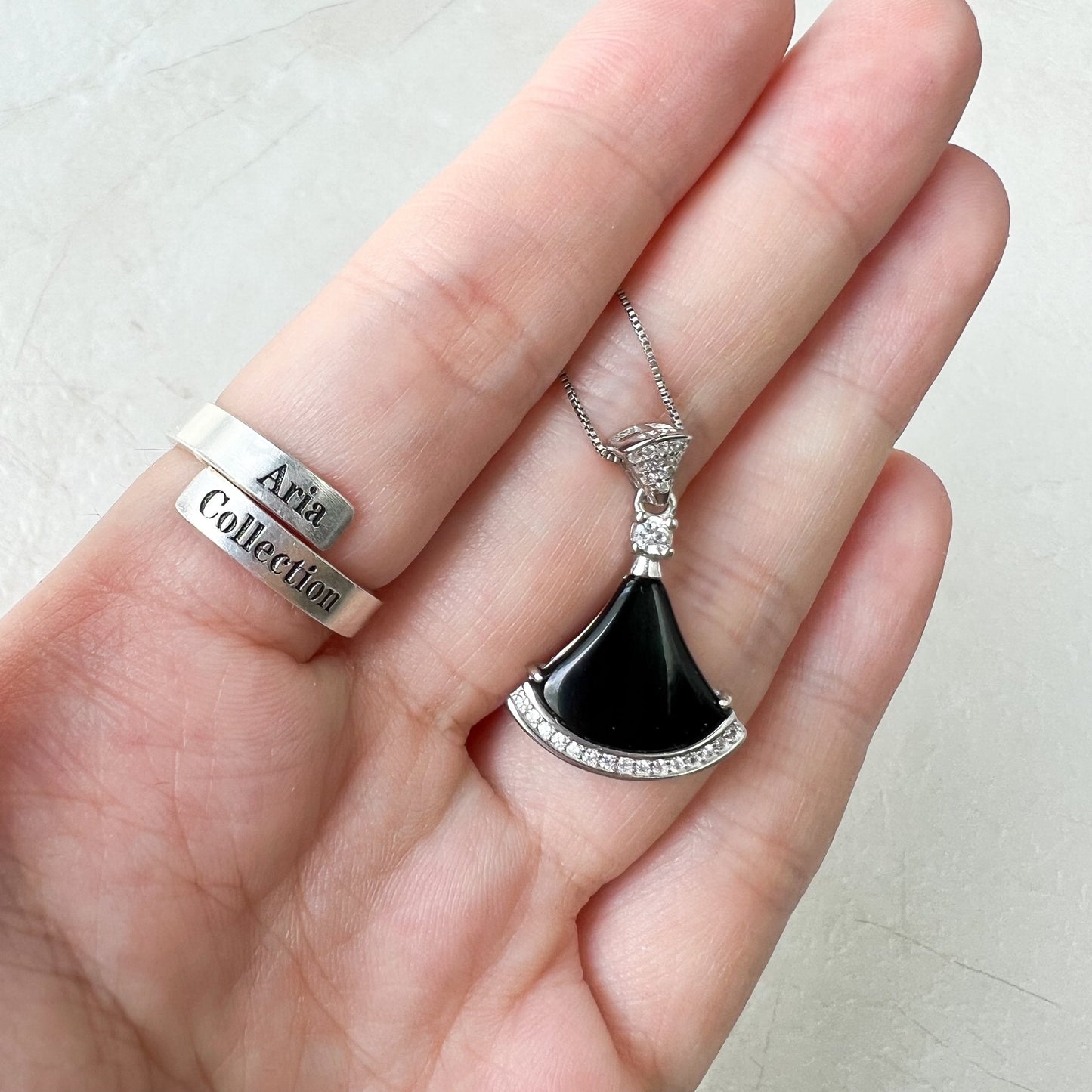 Black Onyx Agate Fan Skirt Sterling Silver Pendant, YS-0622-1668656844 - AriaDesignCollection