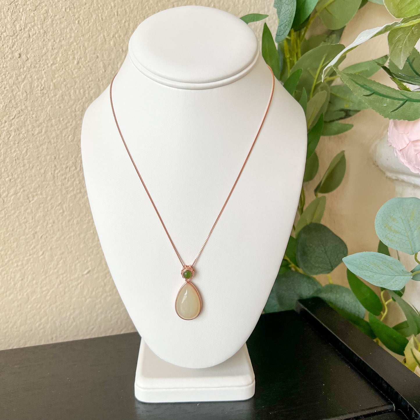 Nephrite Jade Teardrop Rose Gold Plated Sterling Silver Pendant Necklace, HST-0722-1668694729 - AriaDesignCollection