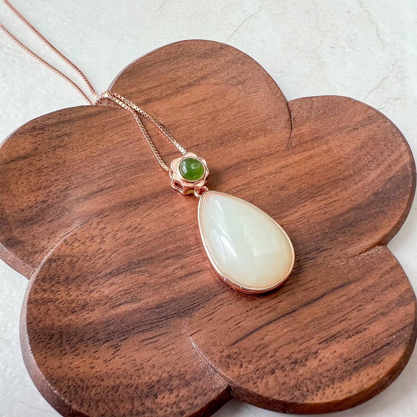 Nephrite Jade Teardrop Rose Gold Plated Sterling Silver Pendant Necklace, HST-0722-1668694729 - AriaDesignCollection