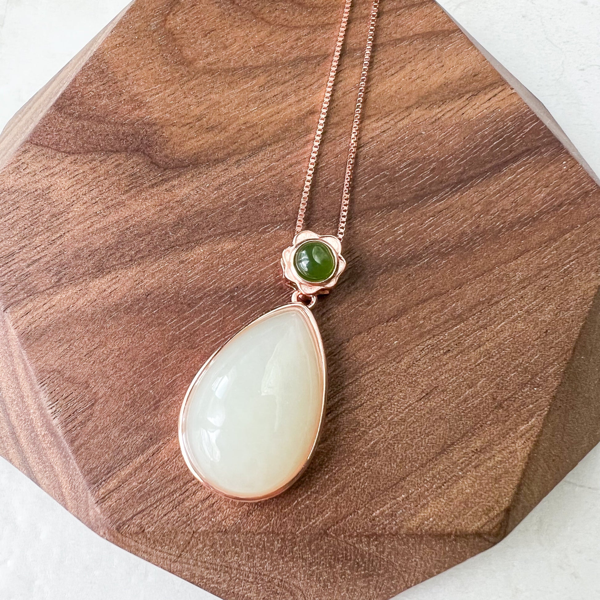 Nephrite Jade Teardrop Rose Gold Plated Sterling Silver Pendant Necklace, HST-0722-1668694729 - AriaDesignCollection