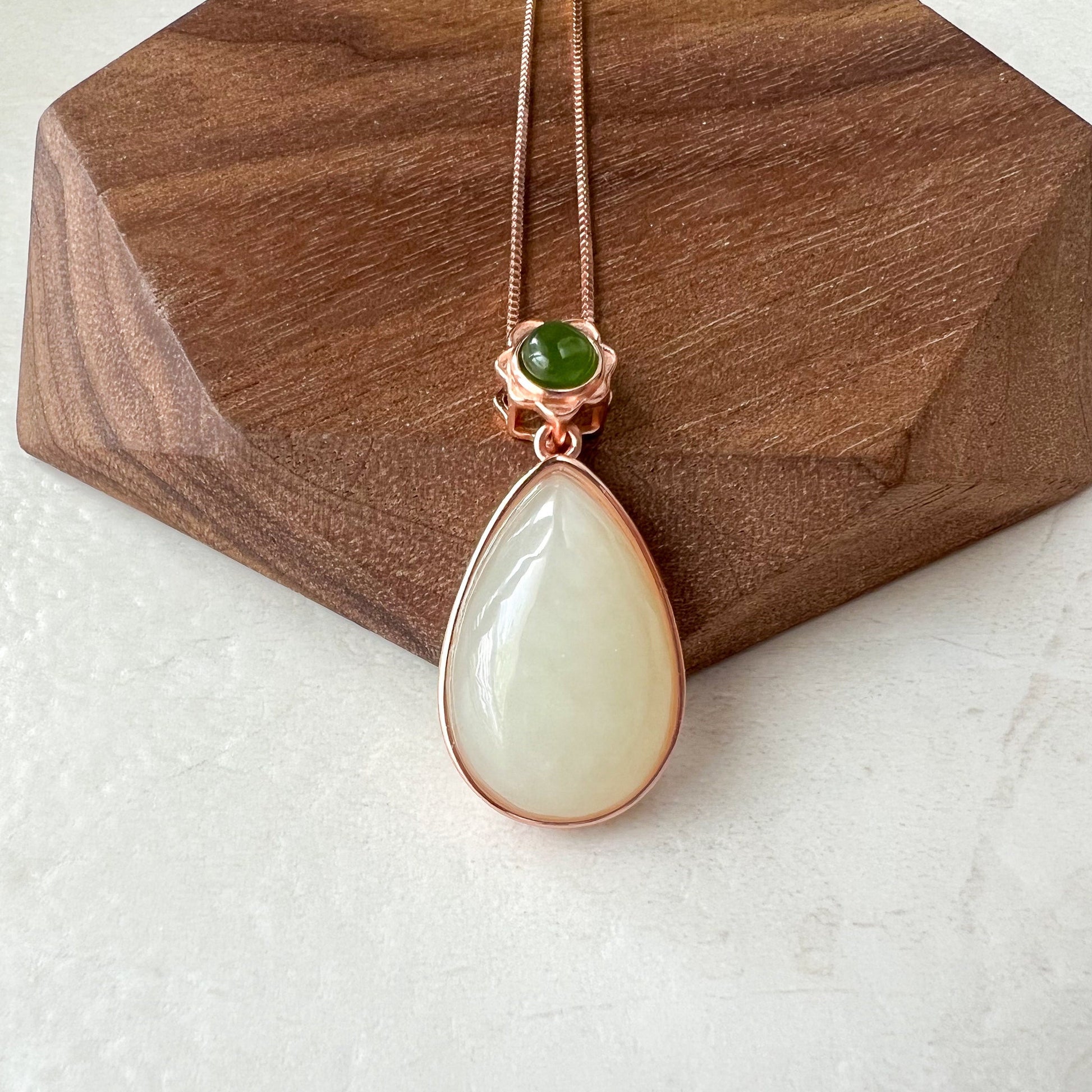 Nephrite Jade Teardrop Rose Gold Plated Sterling Silver Pendant Necklace, HST-0722-1668694729 - AriaDesignCollection