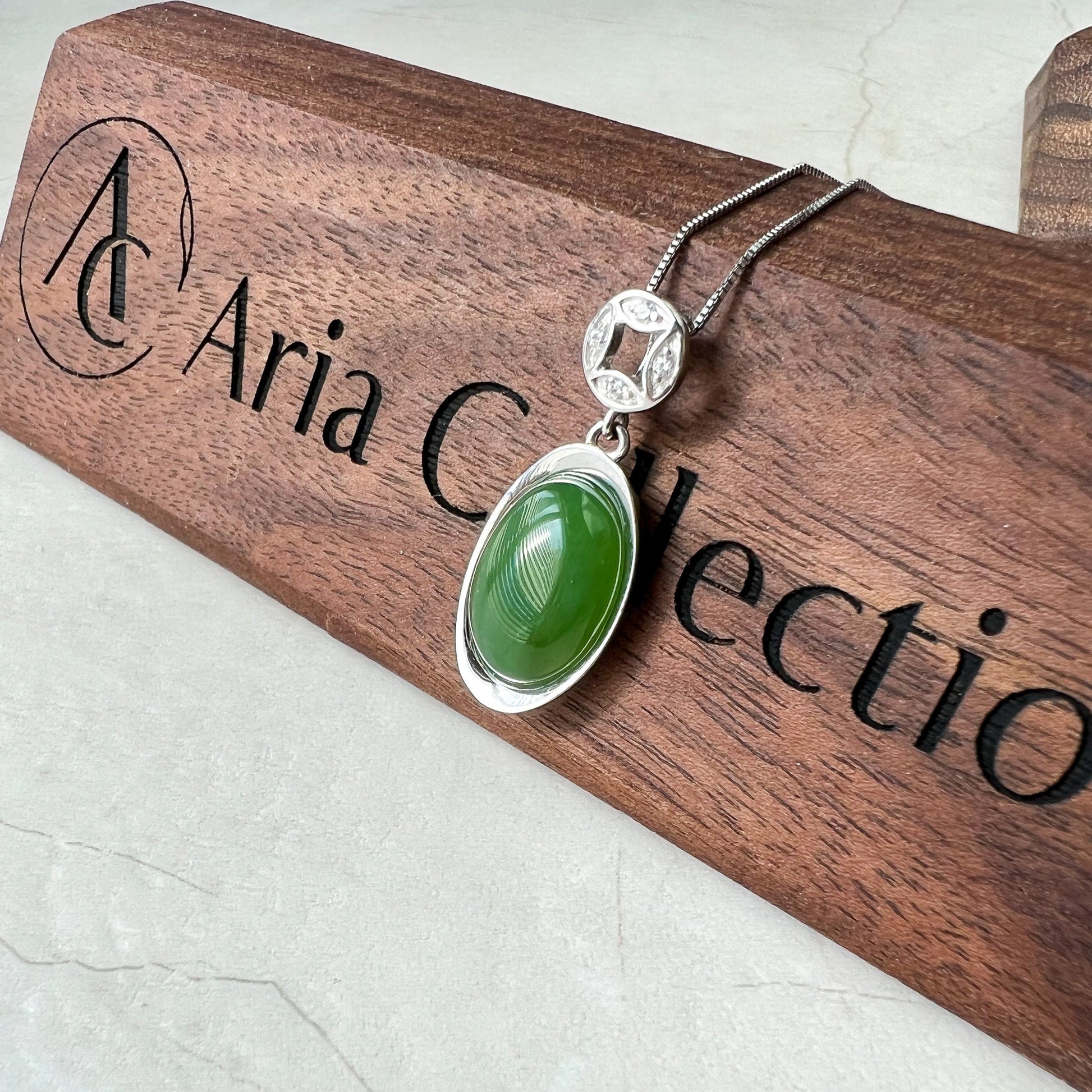 Green Nephrite Jade Cabochon Sterling Silver Pendant Necklace, YS-0422-1668699061 - AriaDesignCollection