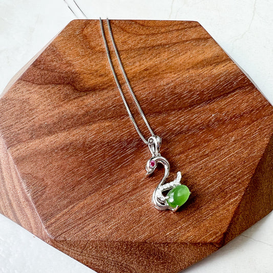 Green Nephrite Jade Swan Sterling Silver Necklace, HST-0722-1668705081 - AriaDesignCollection