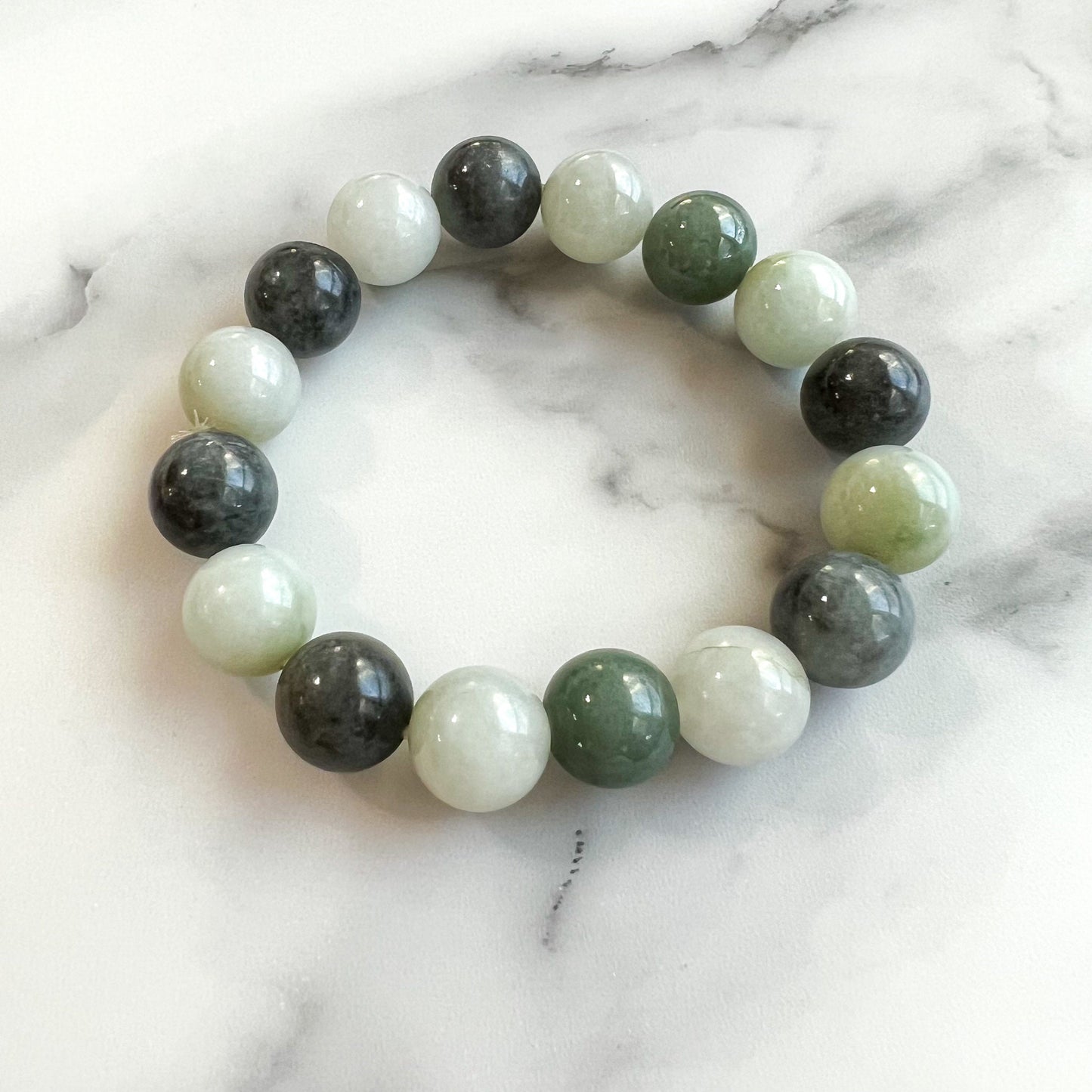 14 mm Jadeite Jade Large Round Beaded Bracelet, Green, Gray, Black Jade Bracelet, MDFM-0822-1670129480 - AriaDesignCollection