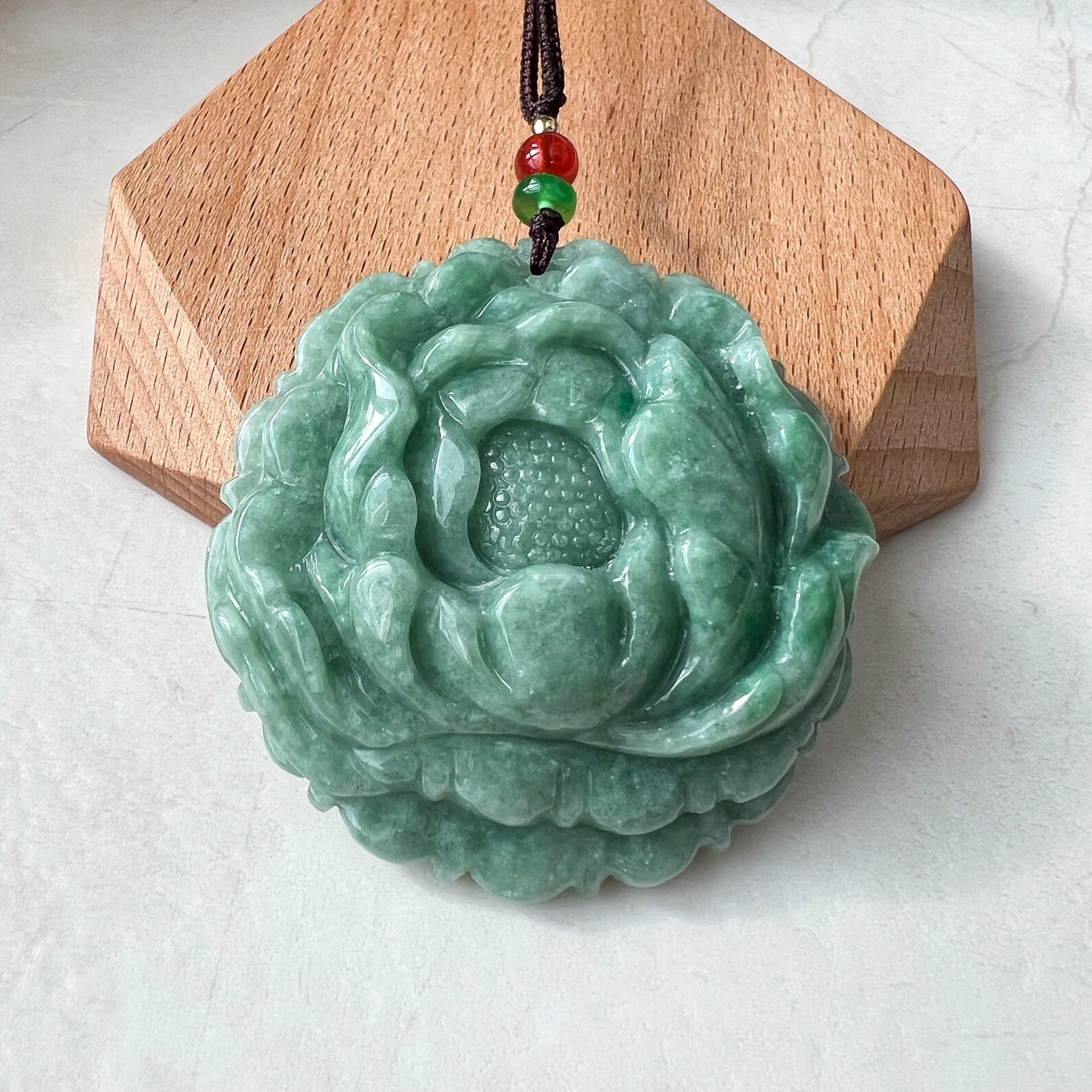 Very Large Green Jadeite Jade Flower Swirl Necklace, Dual Side Hand Carved Jade Necklace, SHWQ-1022-1669598414 - AriaDesignCollection