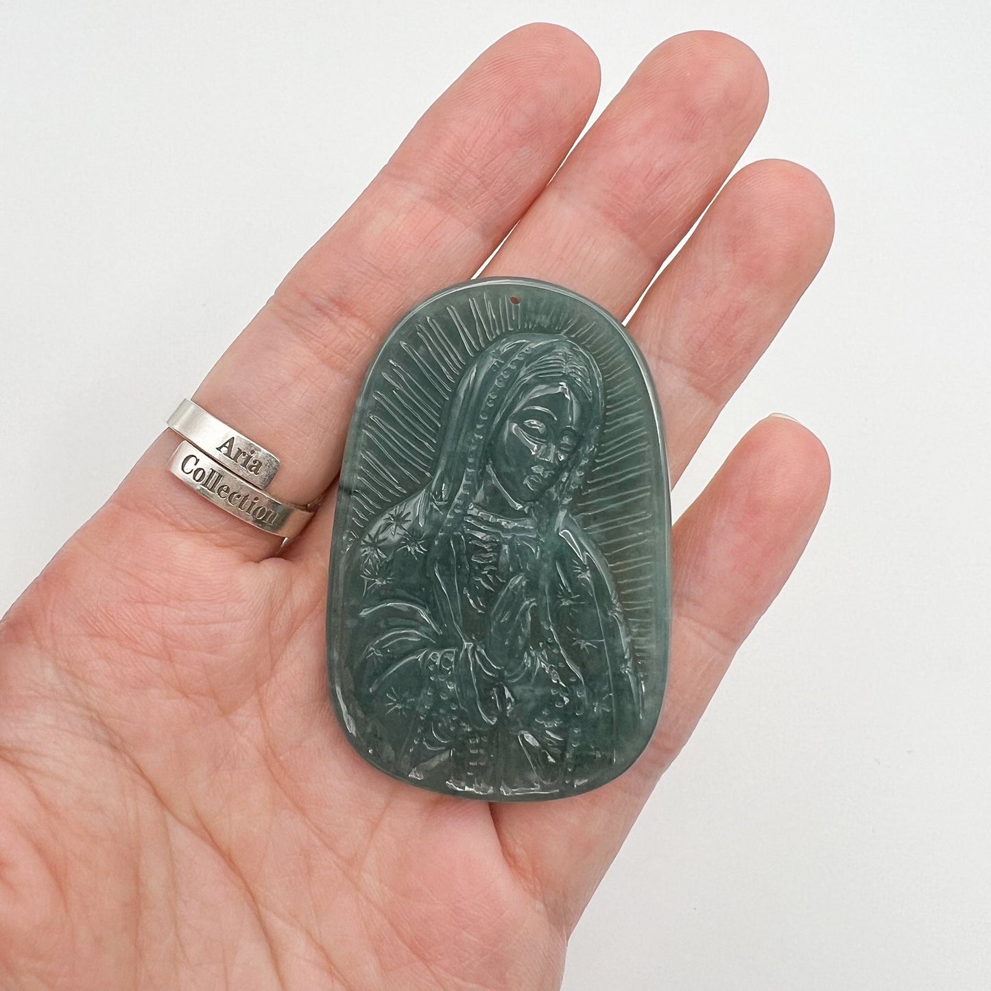 Jadeite Jade Virgin Mary, Mother of Jesus, Blue Green Jade, Christian Catholic Necklace, Hand Carved Necklace, XZ-1221-1671073796 - AriaDesignCollection