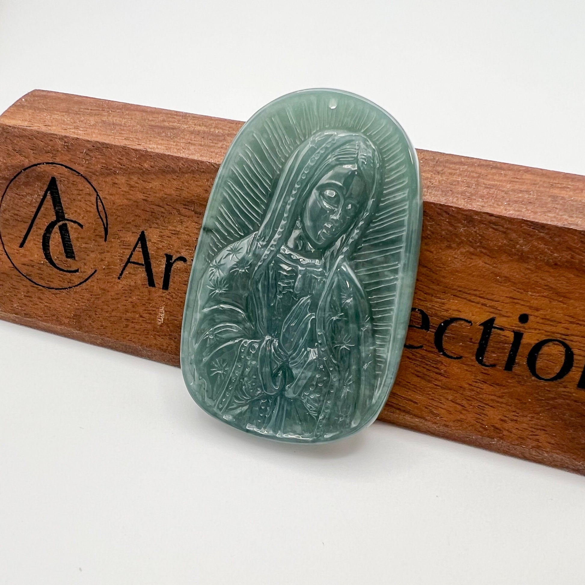 Jadeite Jade Virgin Mary, Mother of Jesus, Blue Green Jade, Christian Catholic Necklace, Hand Carved Necklace, XZ-1221-1671073796 - AriaDesignCollection