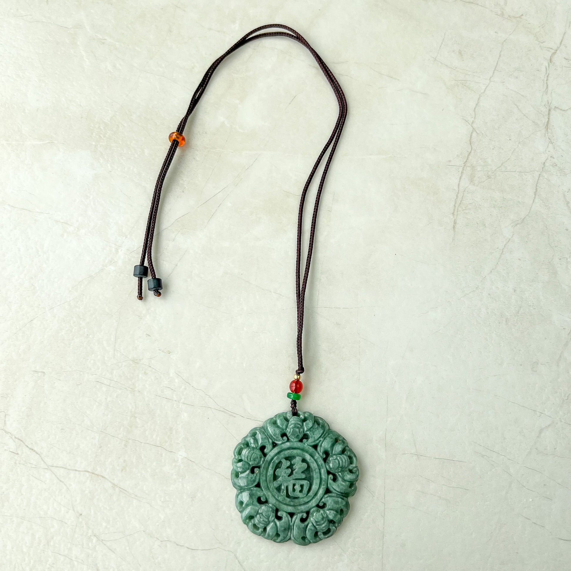 Jadeite Jade Chinese Luck "Fu" 福 Fortune and Bat Pendant, Hand Carved Jade Necklace, SHWQ-1022-1671167046 - AriaDesignCollection