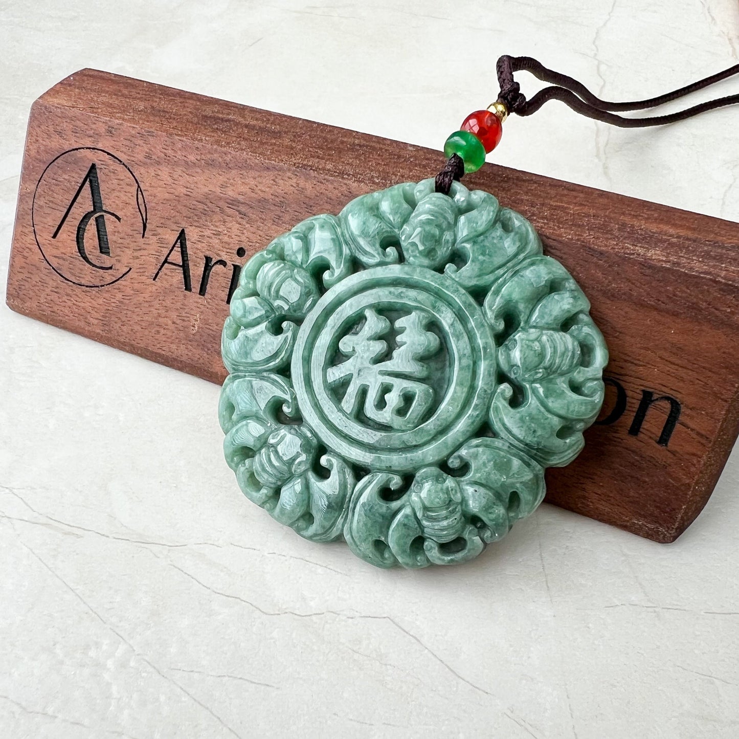 Jadeite Jade Chinese Luck "Fu" 福 Fortune and Bat Pendant, Hand Carved Jade Necklace, SHWQ-1022-1671167046 - AriaDesignCollection