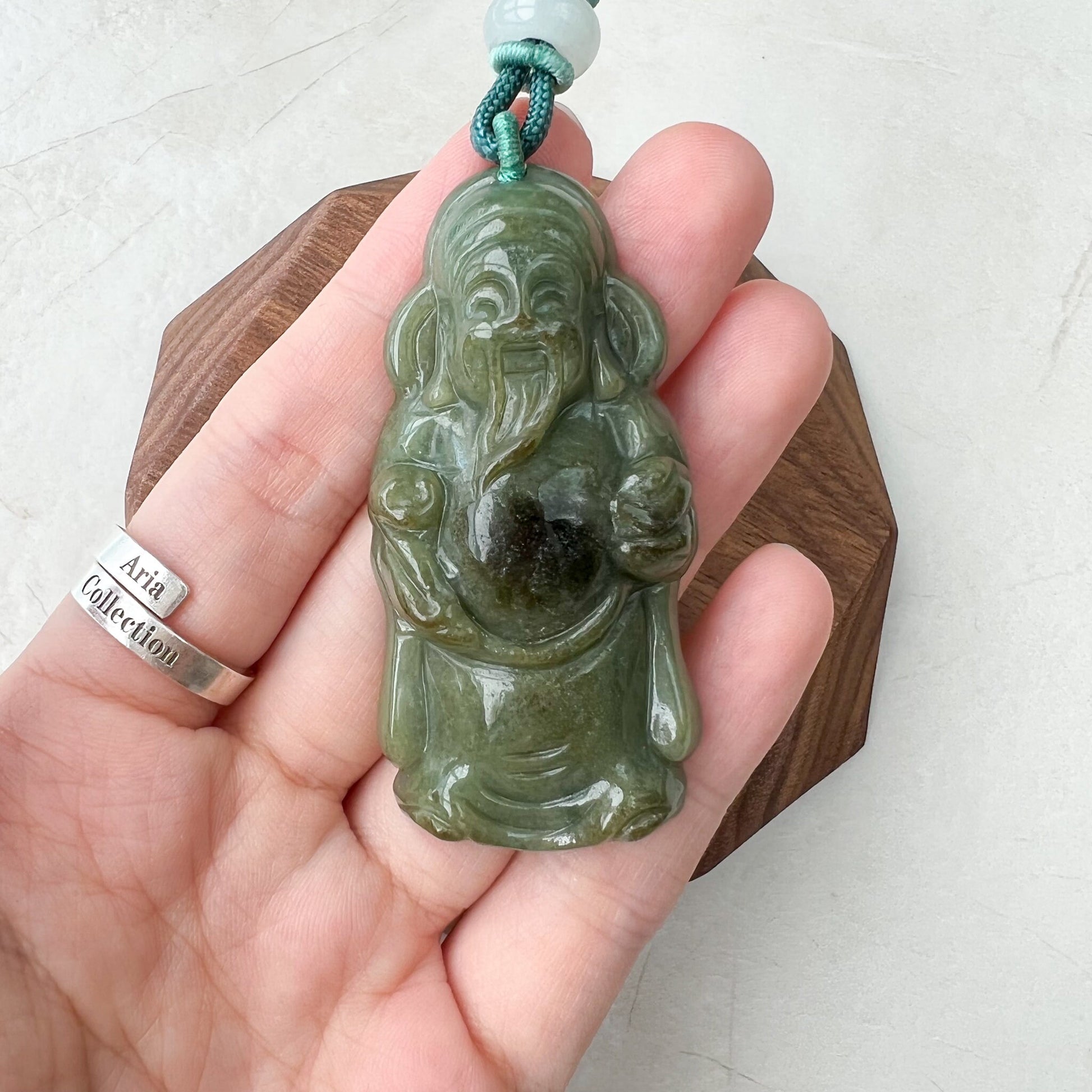 Dark Green Jadeite Jade Fortune God, Caishen, God of Wealth, 财神, Hand Carved Pendant Necklace, YJ-1221-0312864 - AriaDesignCollection