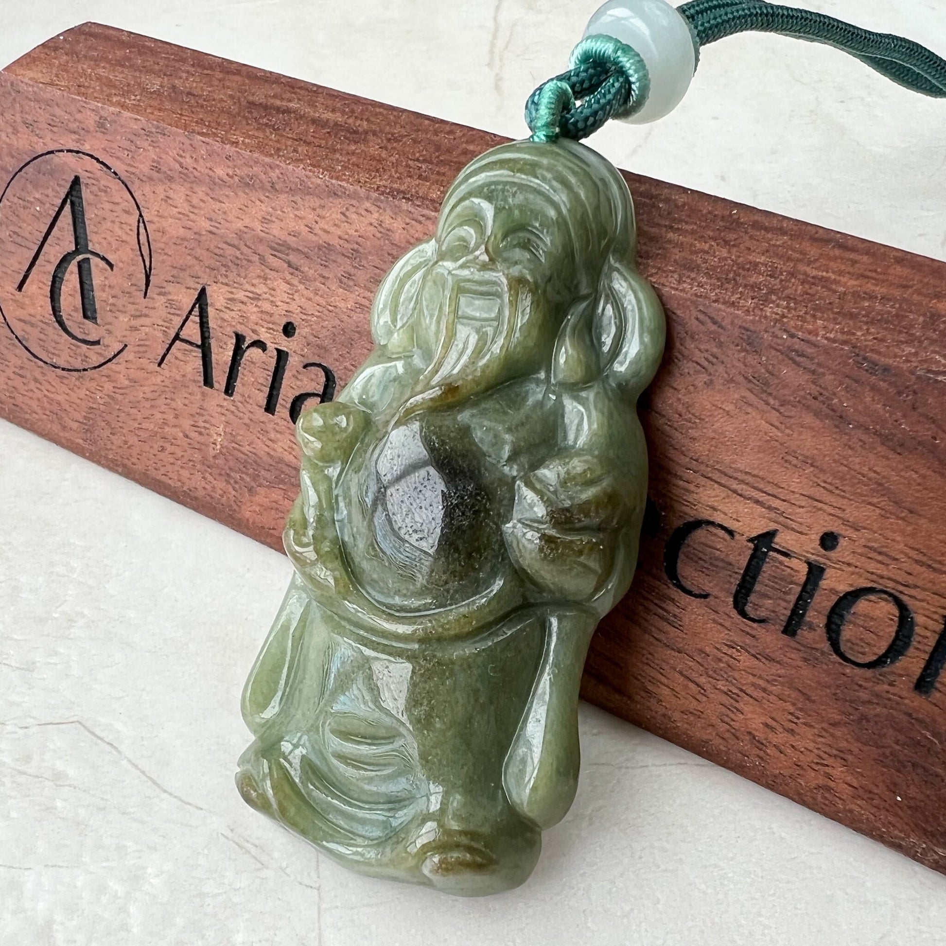 Dark Green Jadeite Jade Fortune God, Caishen, God of Wealth, 财神, Hand Carved Pendant Necklace, YJ-1221-0312864 - AriaDesignCollection