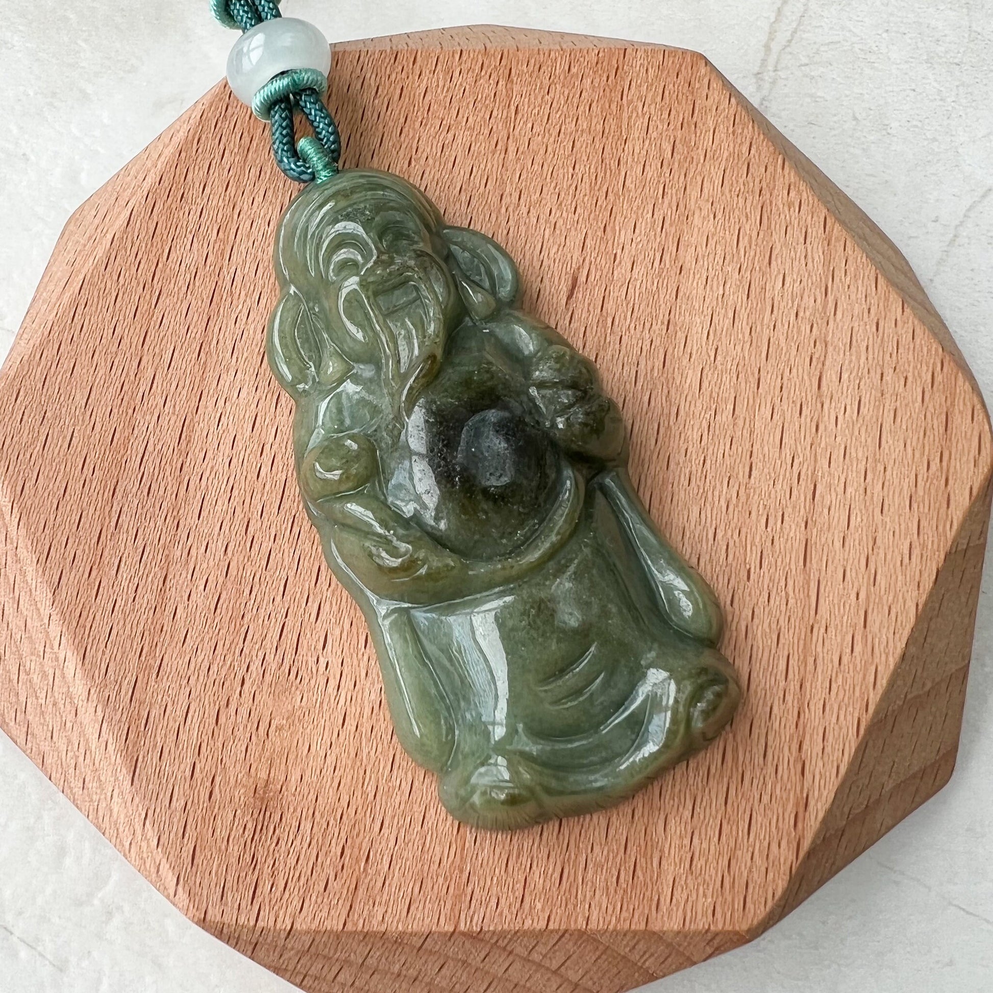 Dark Green Jadeite Jade Fortune God, Caishen, God of Wealth, 财神, Hand Carved Pendant Necklace, YJ-1221-0312864 - AriaDesignCollection