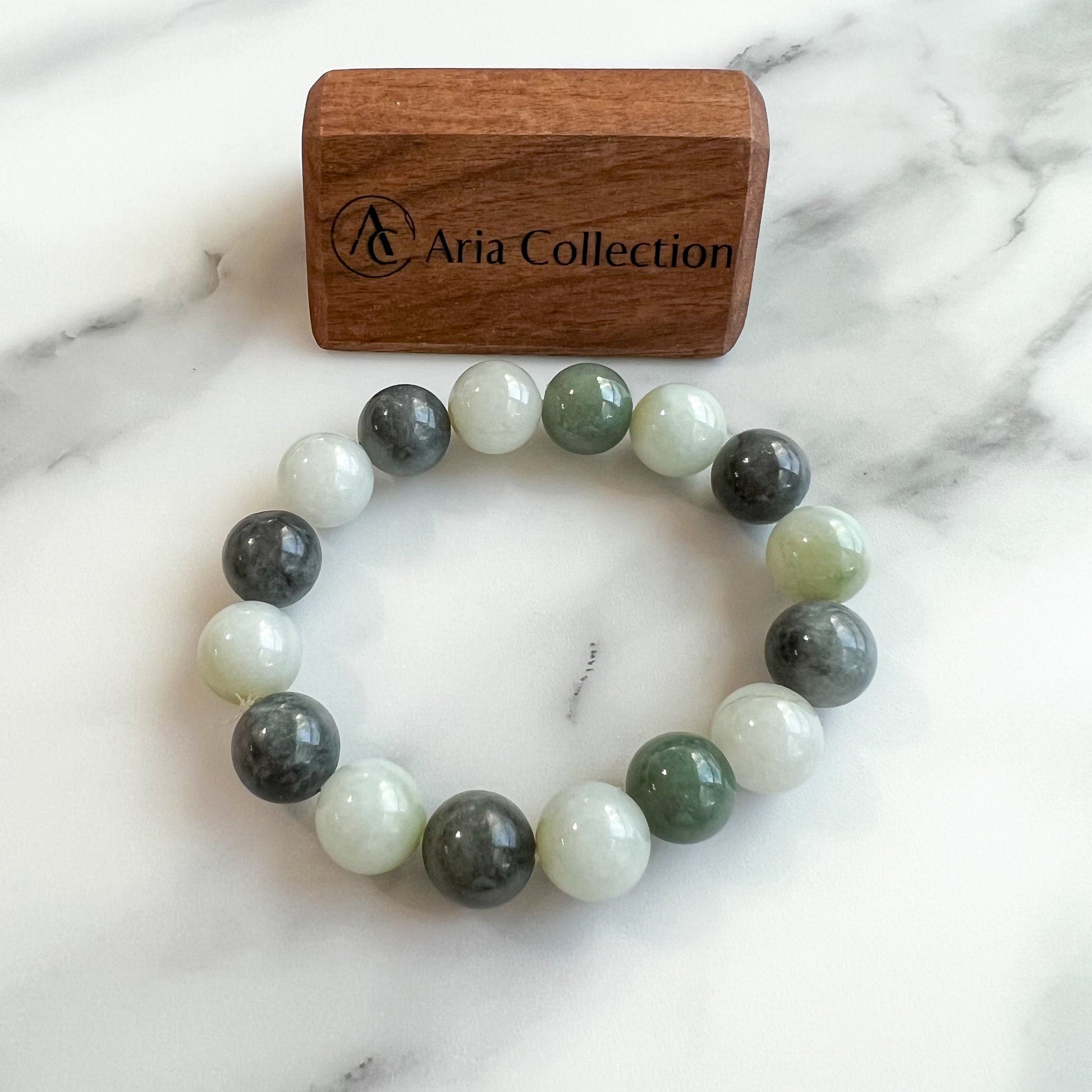 14 mm Jadeite Jade Large Round Beaded Bracelet, Green, Gray, Black Jade Bracelet, MDFM-0822-1670129480 - AriaDesignCollection