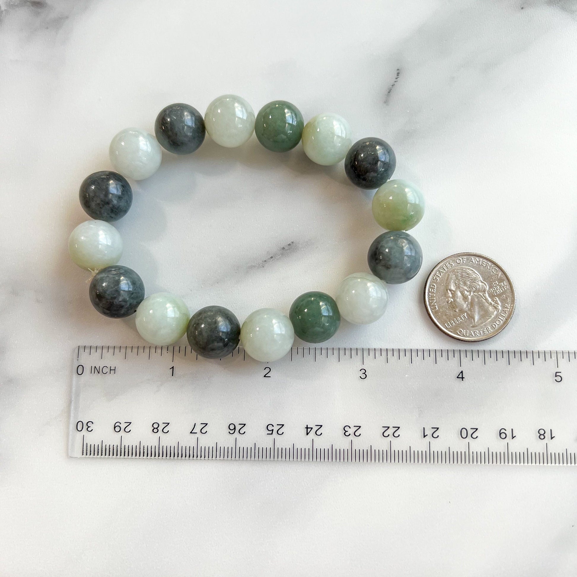14 mm Jadeite Jade Large Round Beaded Bracelet, Green, Gray, Black Jade Bracelet, MDFM-0822-1670129480 - AriaDesignCollection
