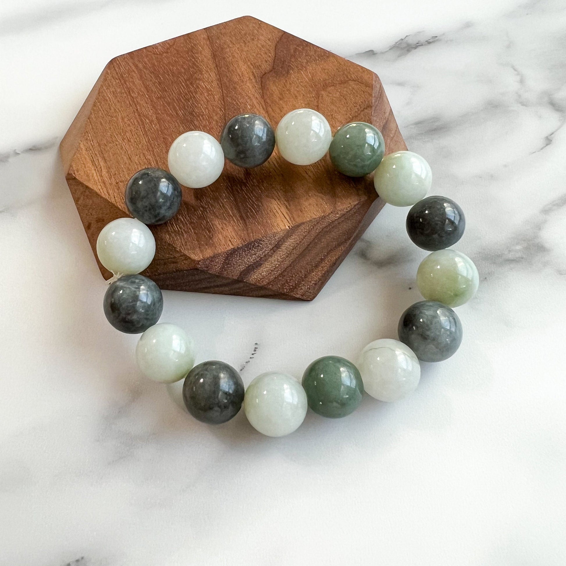 14 mm Jadeite Jade Large Round Beaded Bracelet, Green, Gray, Black Jade Bracelet, MDFM-0822-1670129480 - AriaDesignCollection