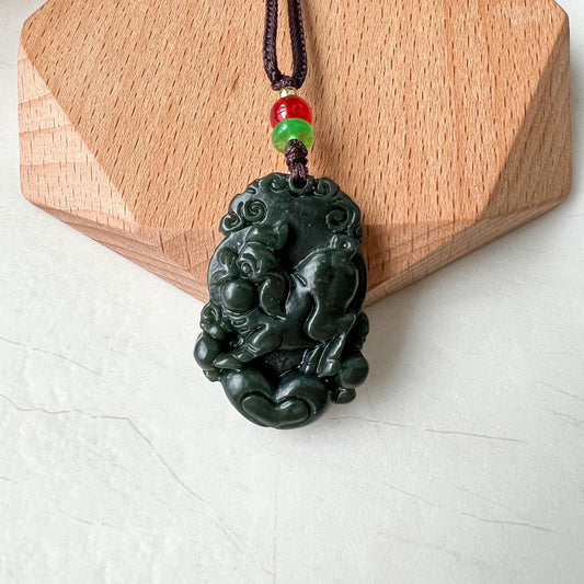 Nephrite Jade Pig Boar Chinese Zodiac Carved Pendant Necklace, RM-1221-1670749629 - AriaDesignCollection