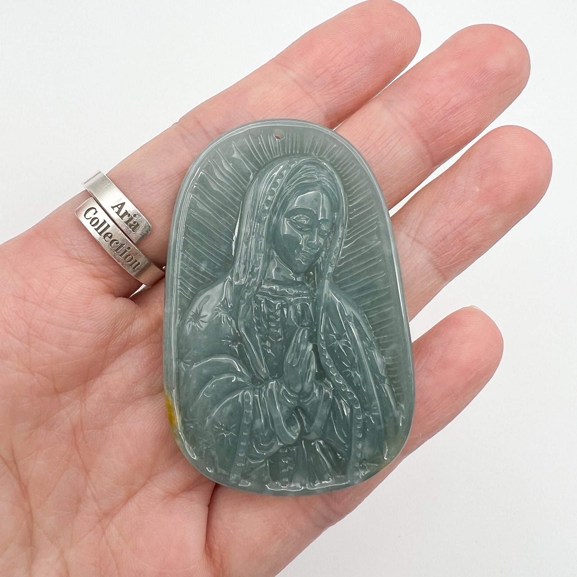 Jadeite Jade Virgin Mary, Mother of Jesus, Blue Green Jade, Christian Catholic Necklace, Hand Carved Necklace, XZ-1221-1671073688 - AriaDesignCollection