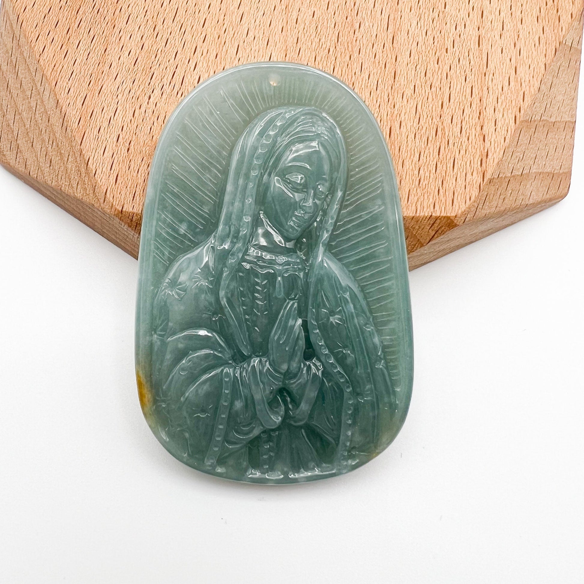 Jadeite Jade Virgin Mary, Mother of Jesus, Blue Green Jade, Christian Catholic Necklace, Hand Carved Necklace, XZ-1221-1671073688 - AriaDesignCollection