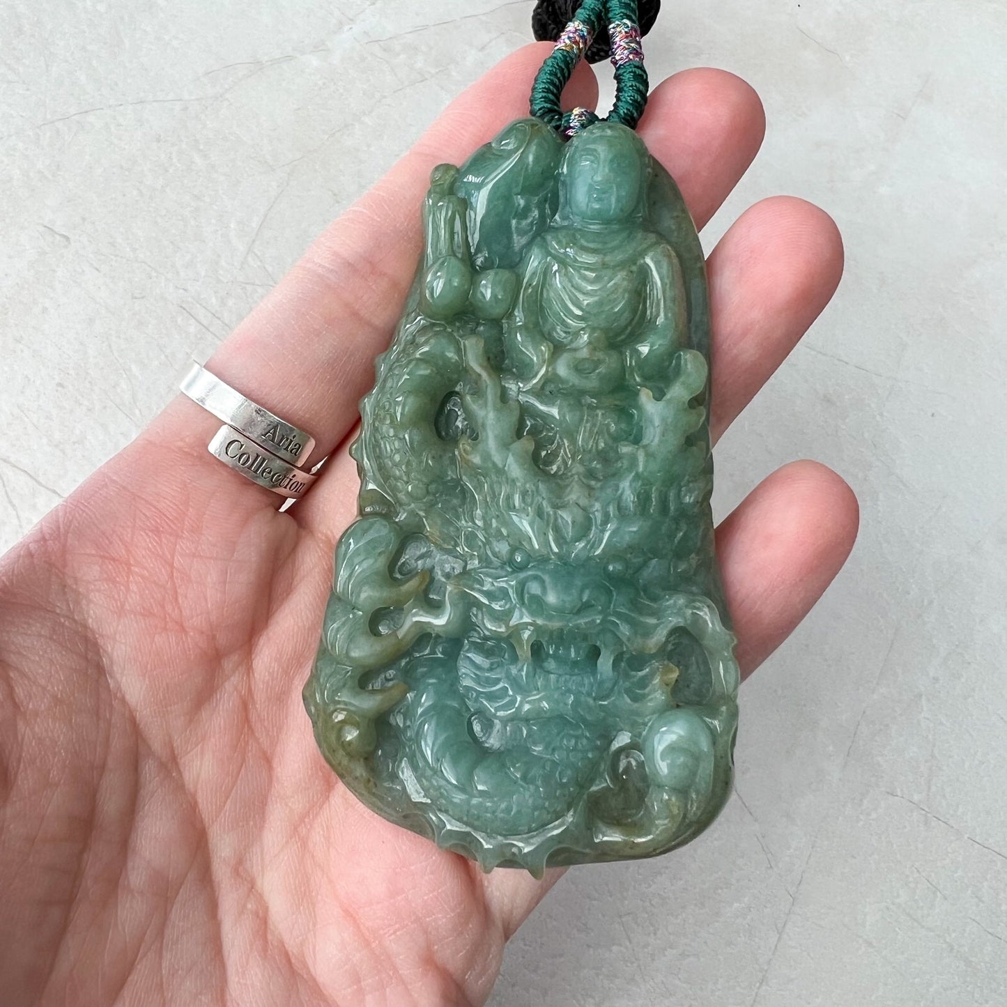 Very Large Jadeite Jade Vairocana Buddha Da Ri Ru Lai and Dragon, Đại Nhật Như Lai, 大日如来, Carved Pendant Necklace, YJ-0422-0403326