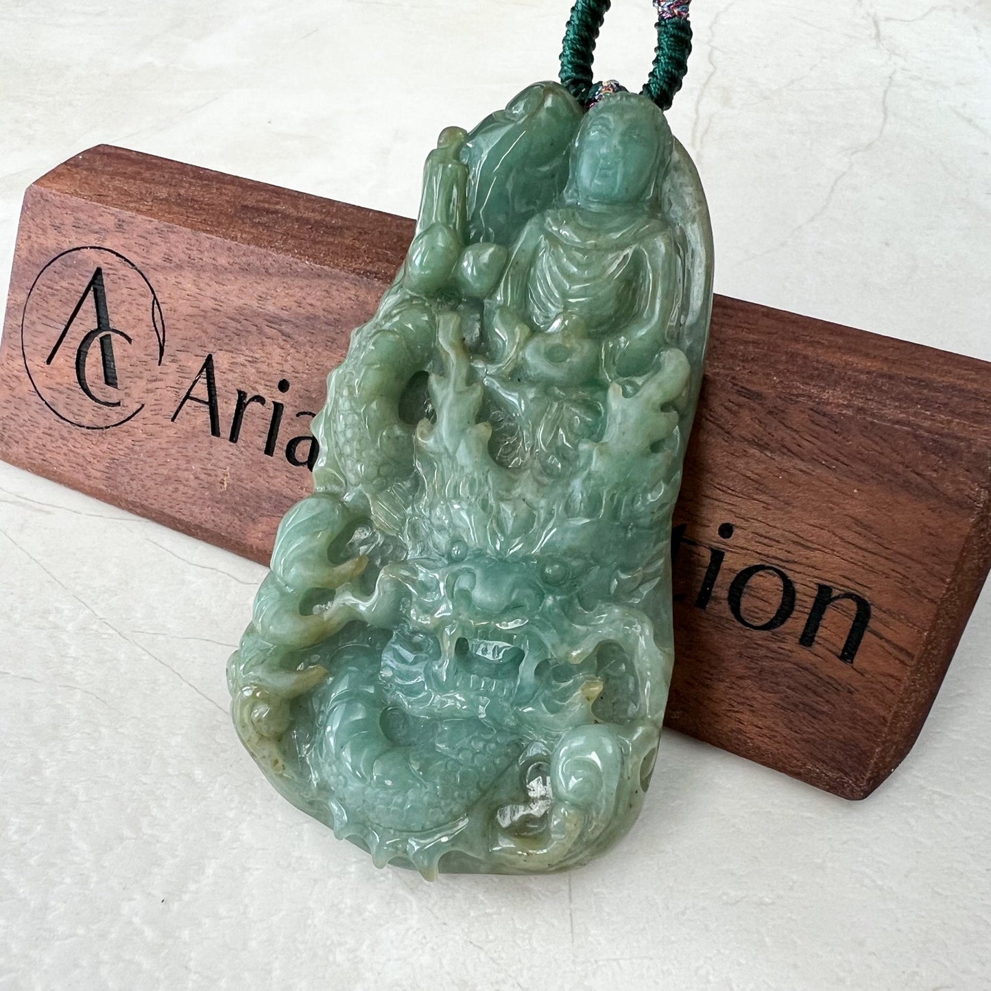 Very Large Jadeite Jade Vairocana Buddha Da Ri Ru Lai and Dragon, Đại Nhật Như Lai, 大日如来, Carved Pendant Necklace, YJ-0422-0403326