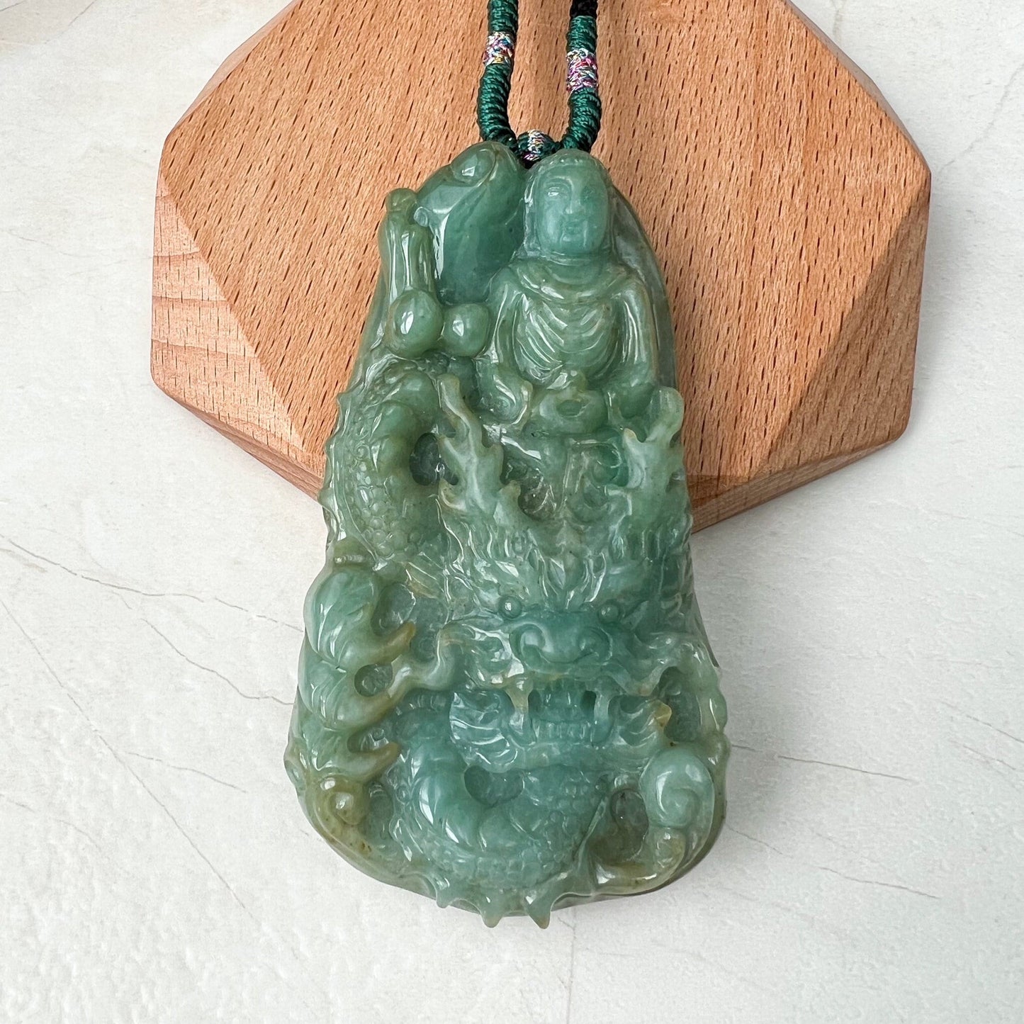 Very Large Jadeite Jade Vairocana Buddha Da Ri Ru Lai and Dragon, Đại Nhật Như Lai, 大日如来, Carved Pendant Necklace, YJ-0422-0403326