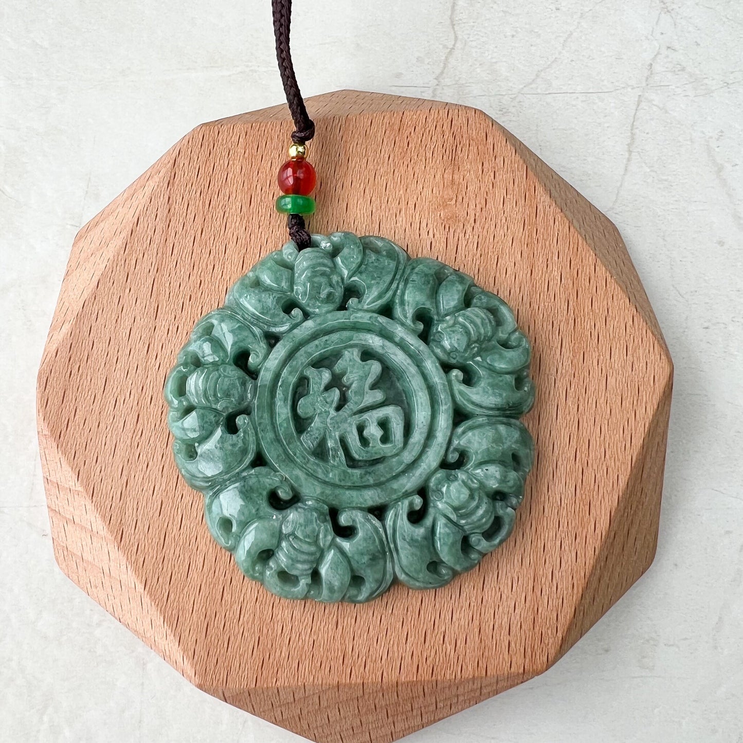 Jadeite Jade Chinese Luck "Fu" 福 Fortune and Bat Pendant, Hand Carved Jade Necklace, SHWQ-1022-1671167046 - AriaDesignCollection