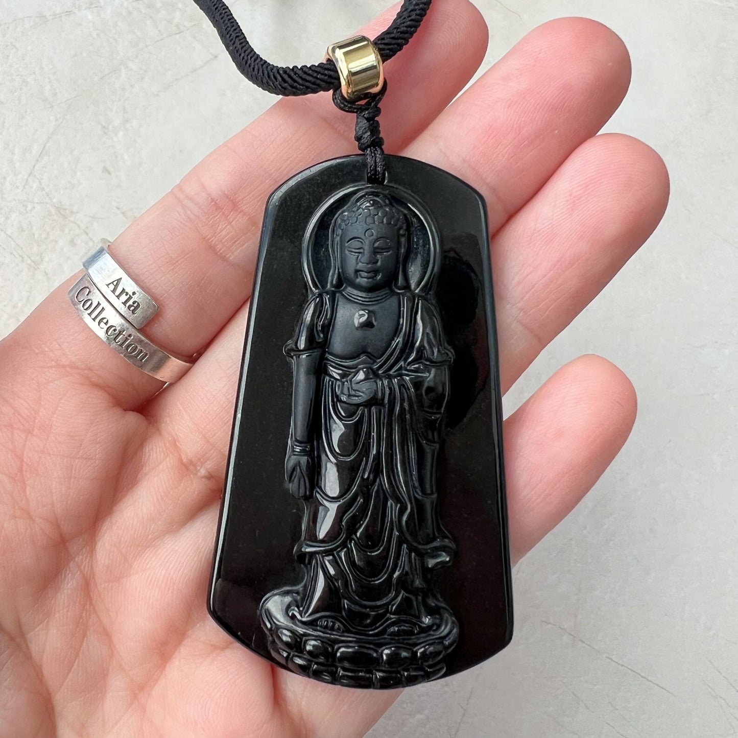 Amitabha Buddha Amita Amida, Black Jadeite Jade Omphacite Carved Pendant Necklace, LGG-1221-1673820659