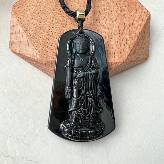 Amitabha Buddha Amita Amida, Black Jadeite Jade Omphacite Carved Pendant Necklace, LGG-1221-1673820659