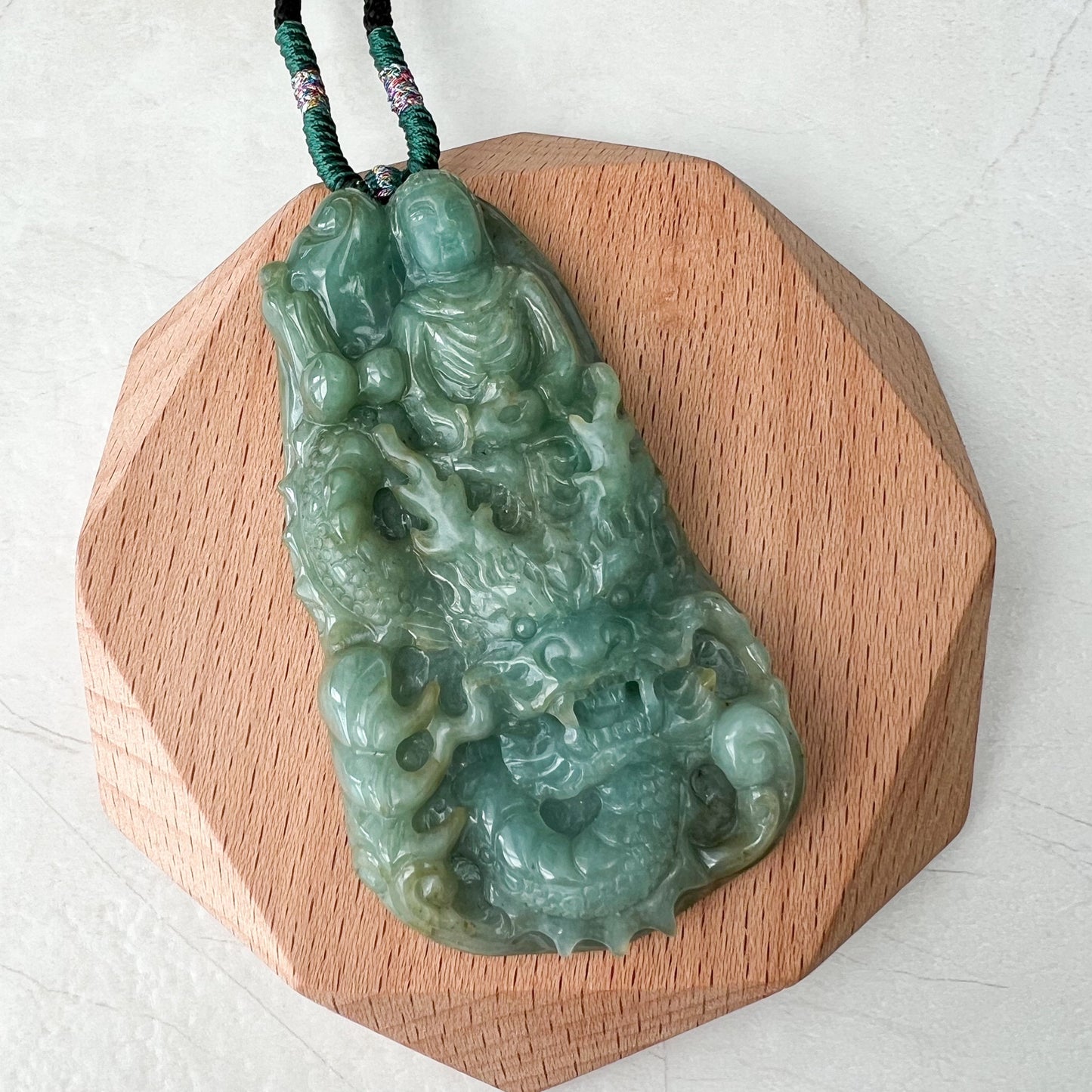 Very Large Jadeite Jade Vairocana Buddha Da Ri Ru Lai and Dragon, Đại Nhật Như Lai, 大日如来, Carved Pendant Necklace, YJ-0422-0403326