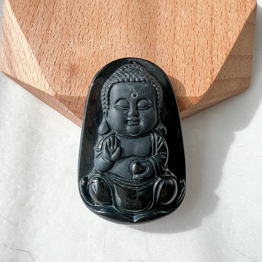 Black Jadeite Jade Omphacite Baby Buddha Necklace, LGG-1221-1673300511