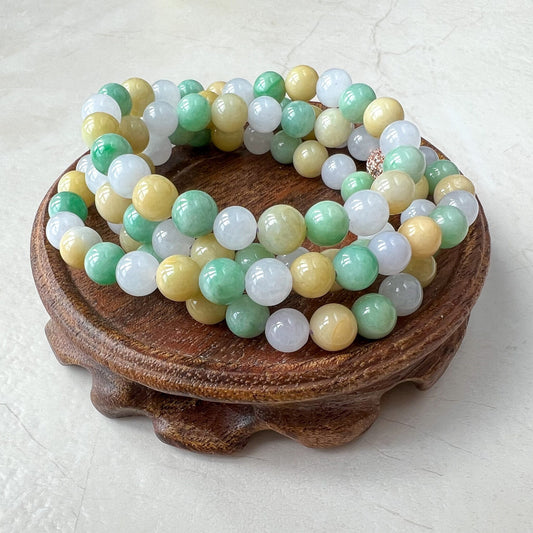 7.75 mm Jadeite Jade Wrapped Bead Bracelet/Necklace, Multi Color Green Yellow White Light Purple Jade, XNZ-0822-1673672515