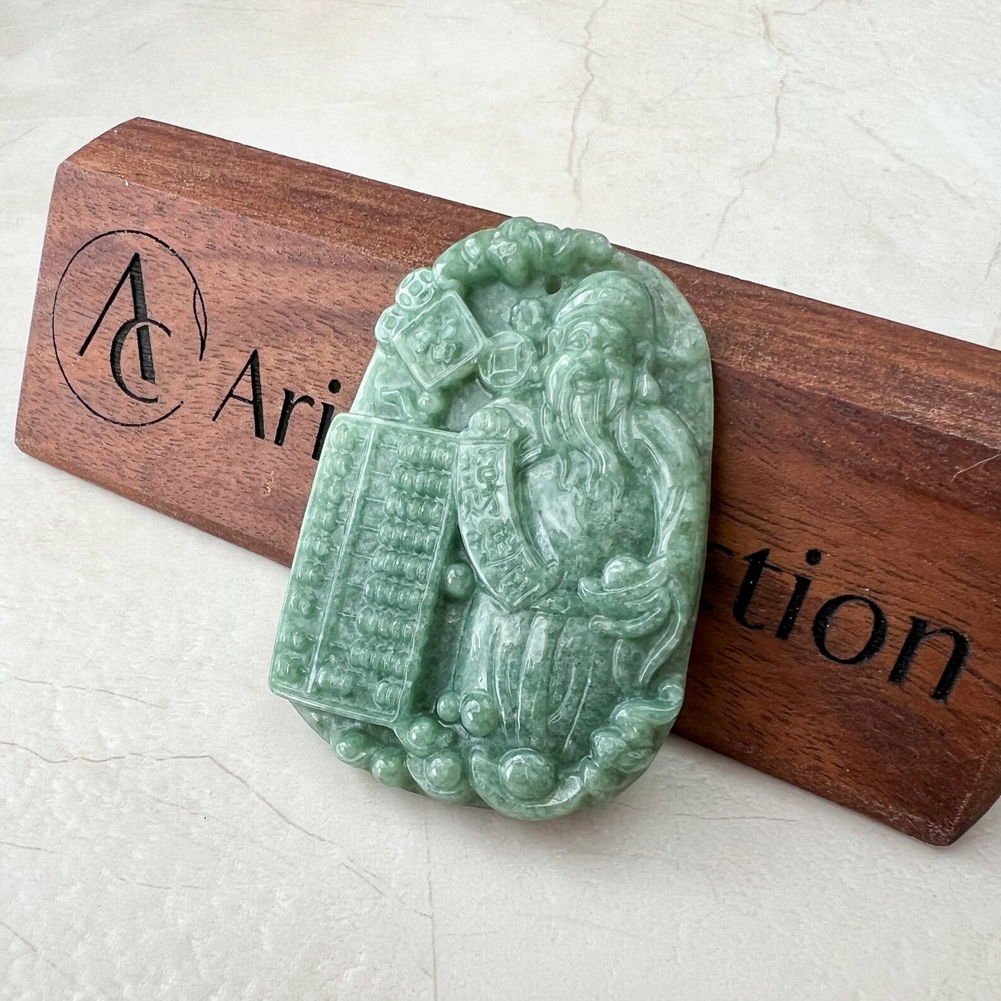 Green Jadeite Jade Fortune God, Caishen, God of Wealth, 财神, Hand Carved Pendant Necklace, YJ-0522-0426884