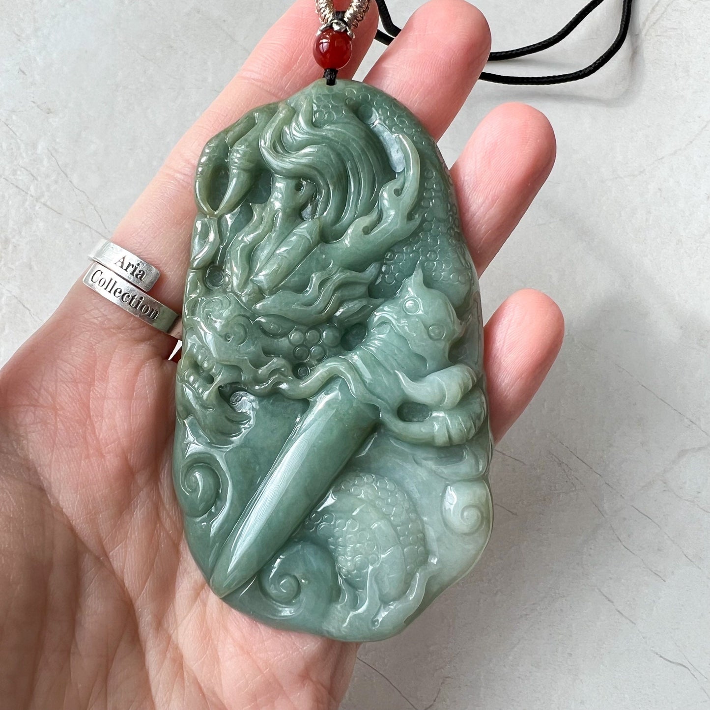 Large Jadeite Jade Dragon and Sword Pendant Necklace, Chinese Zodiac, Green Jade, Hand Carved, YJ-0722-0008087